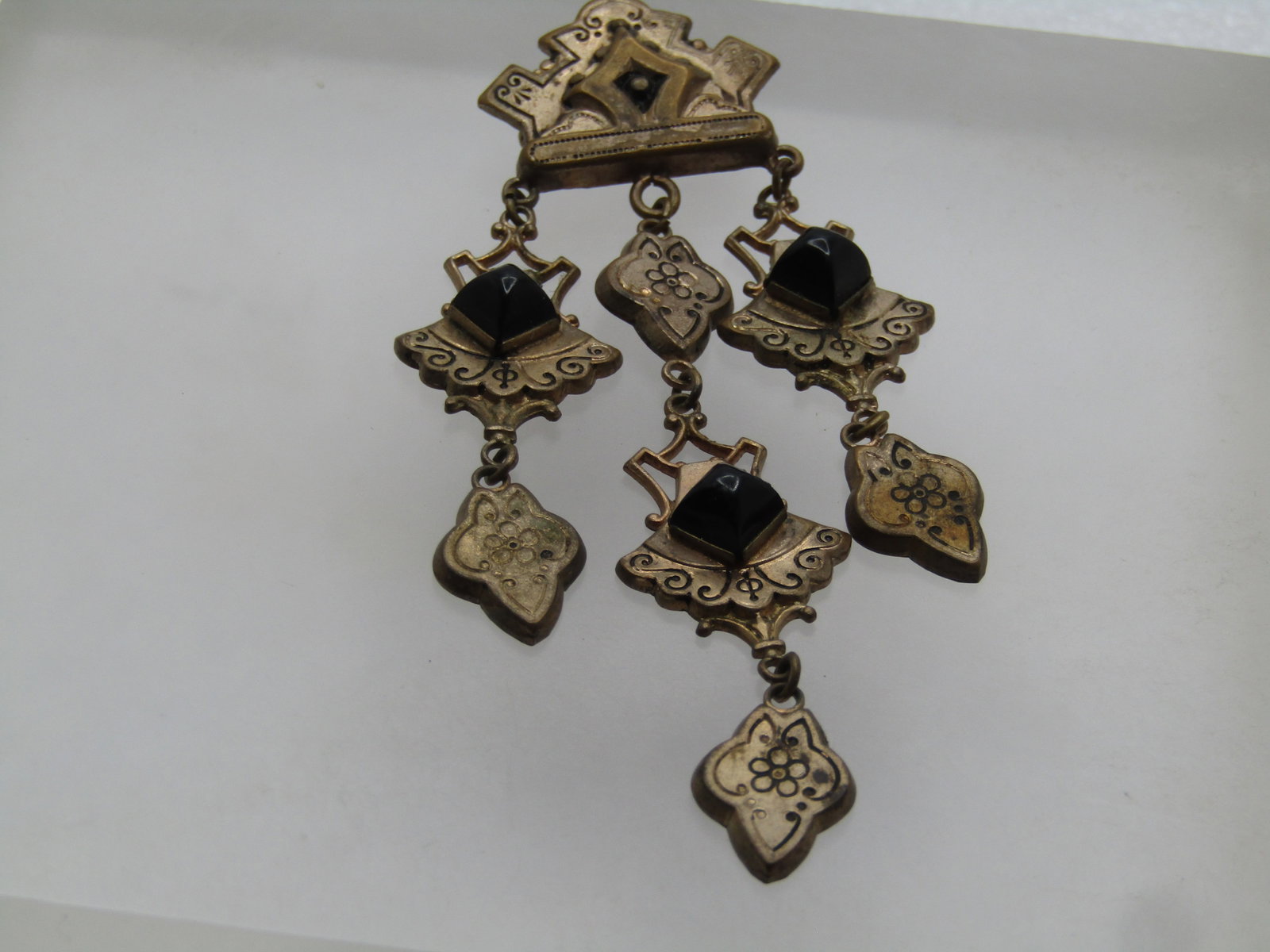 Vintage Pressed Metal Dangle Brooch, Black Glass, 1930's-1940's - 3