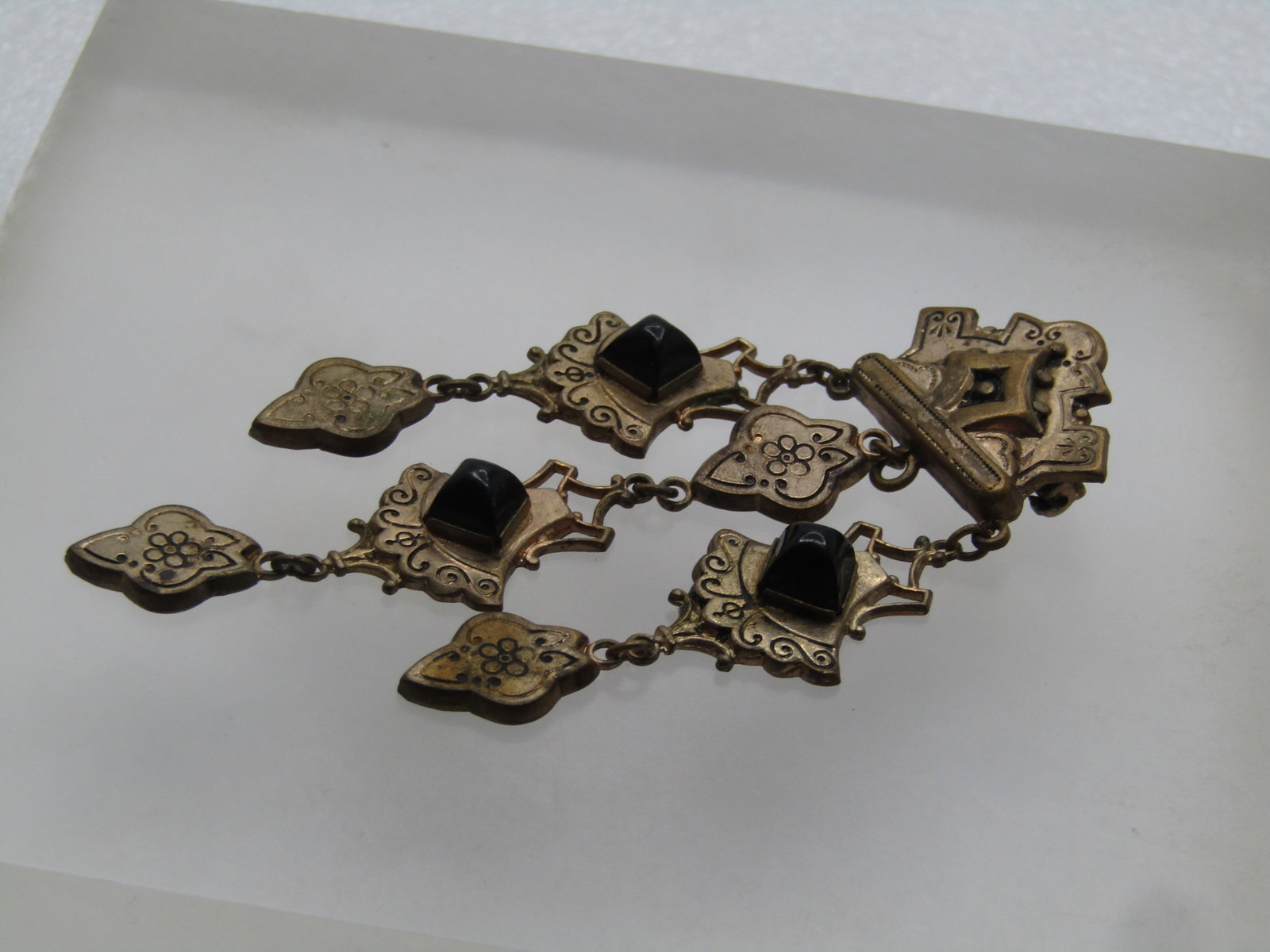 Vintage Pressed Metal Dangle Brooch, Black Glass, 1930's-1940's - 4