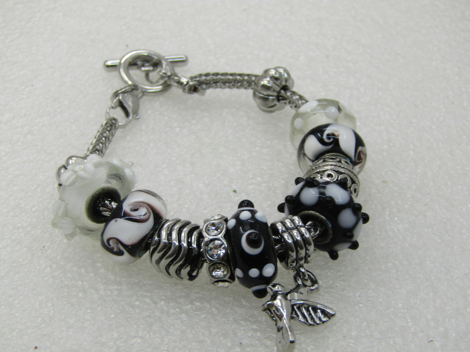 Black and White Glass Slide Charms and Silver Tone Bracelet, Bird Charm and Slide Charms, 7" (1 of 6)
