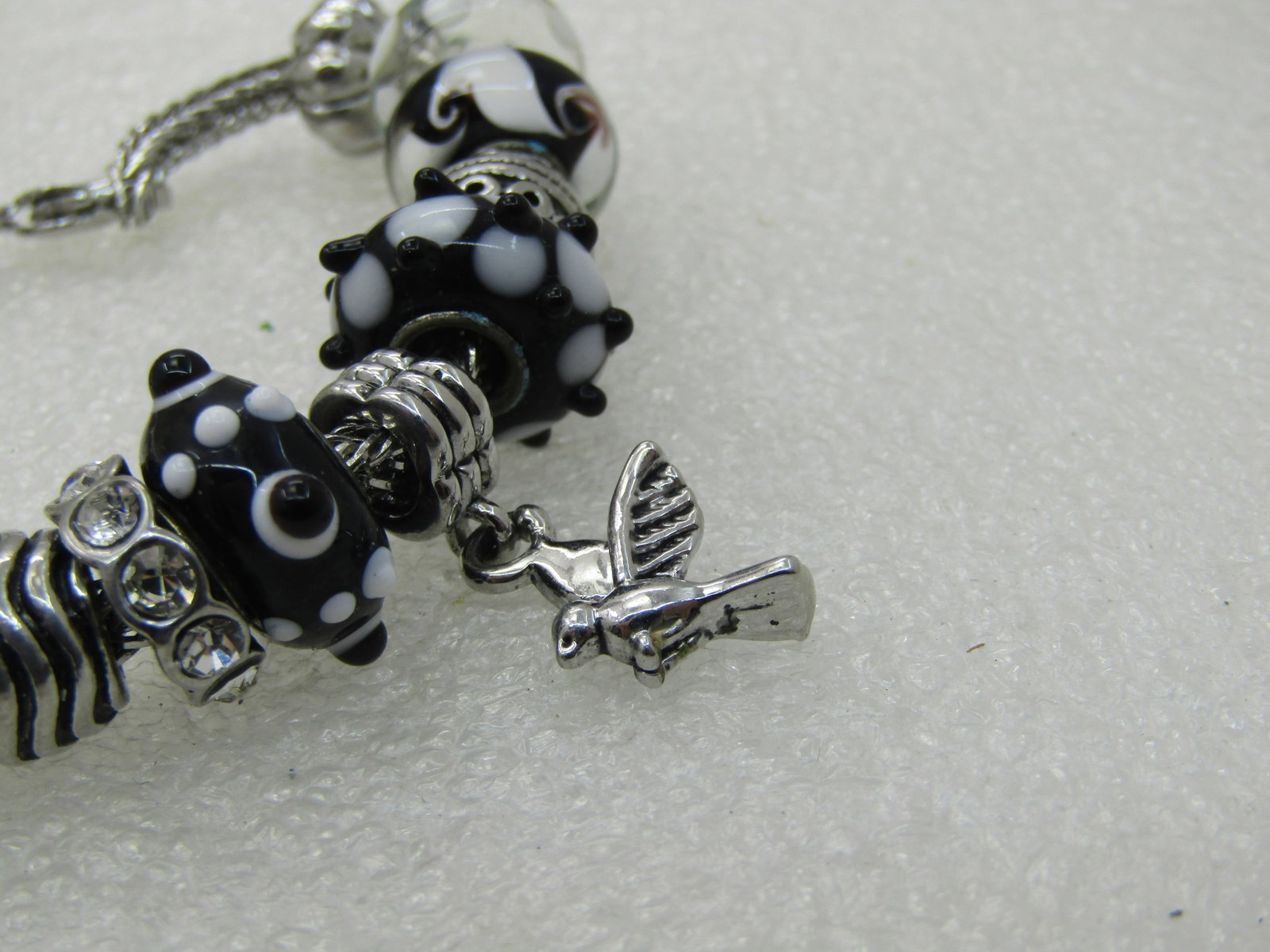 Black and White Glass Slide Charms and Silver Tone Bracelet, Bird Charm and Slide Charms, 7" - 2