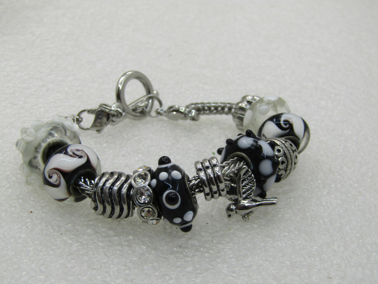 Black and White Glass Slide Charms and Silver Tone Bracelet, Bird Charm and Slide Charms, 7" - 3