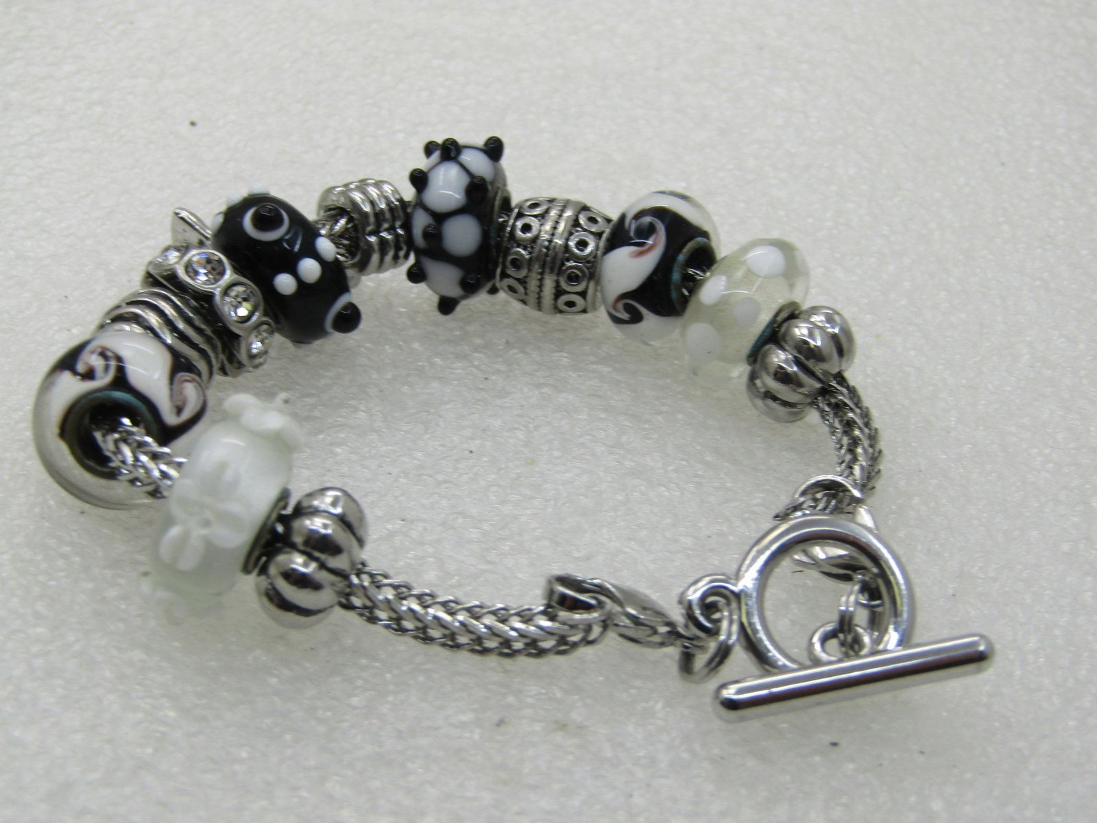 Black and White Glass Slide Charms and Silver Tone Bracelet, Bird Charm and Slide Charms, 7" - 4