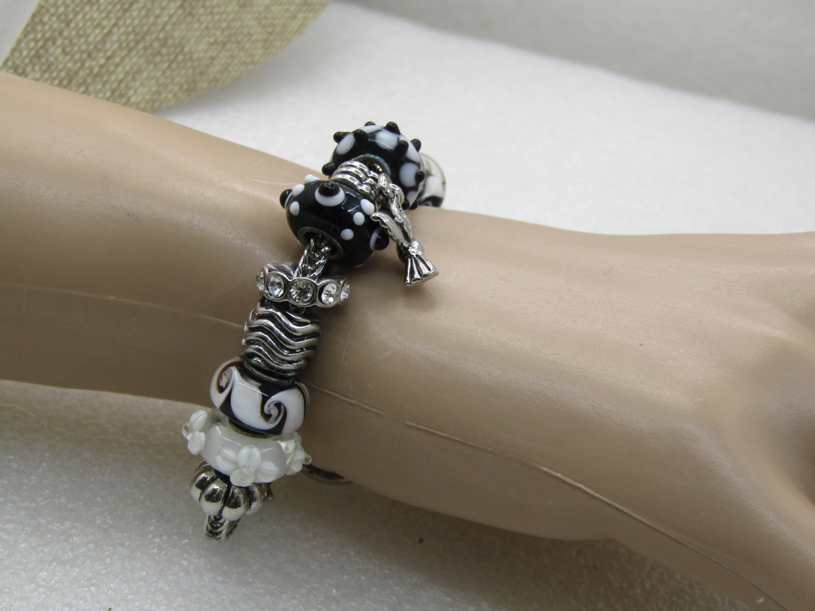 Black and White Glass Slide Charms and Silver Tone Bracelet, Bird Charm and Slide Charms, 7" - 5
