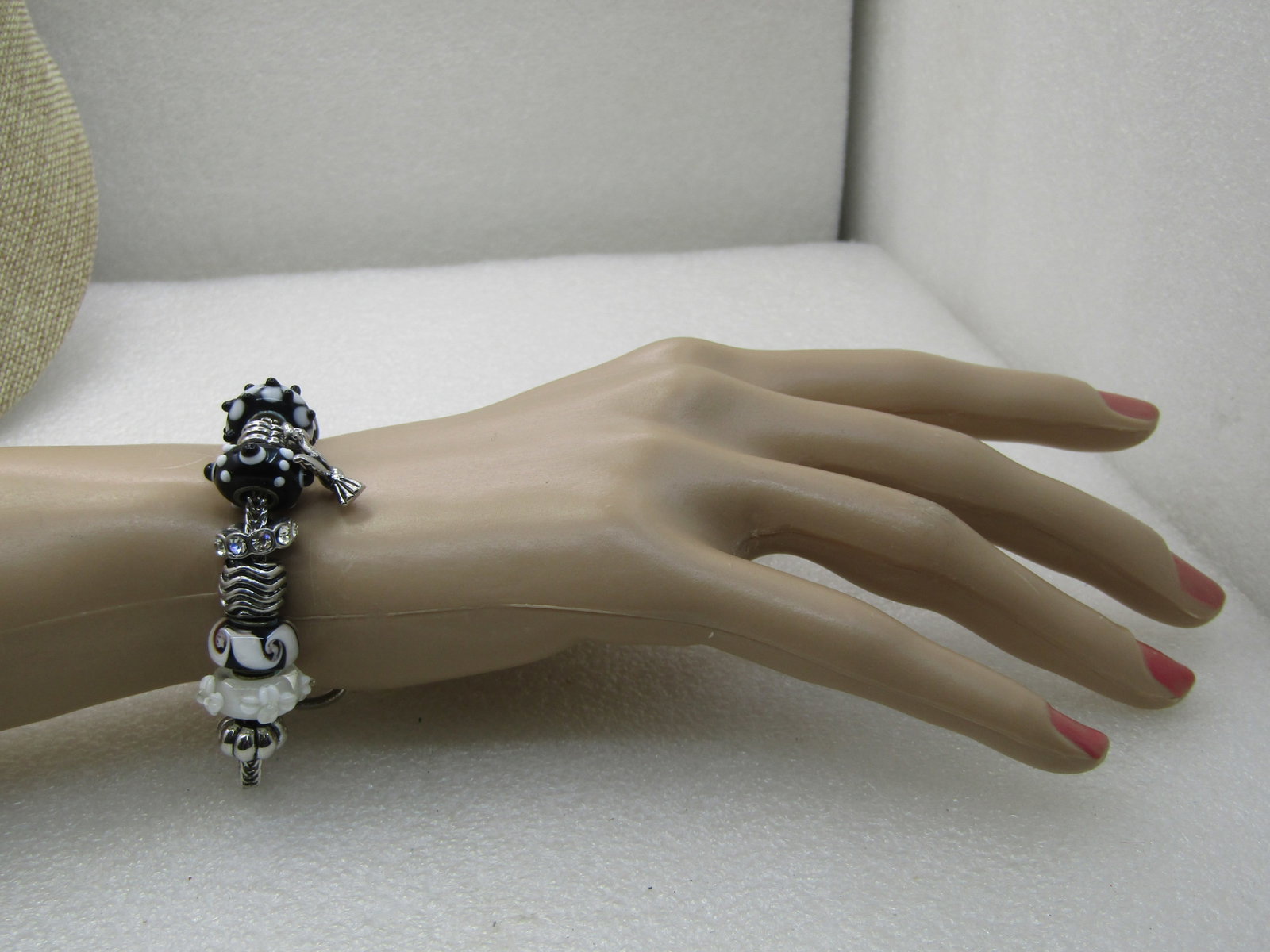 Black and White Glass Slide Charms and Silver Tone Bracelet, Bird Charm and Slide Charms, 7" - 6