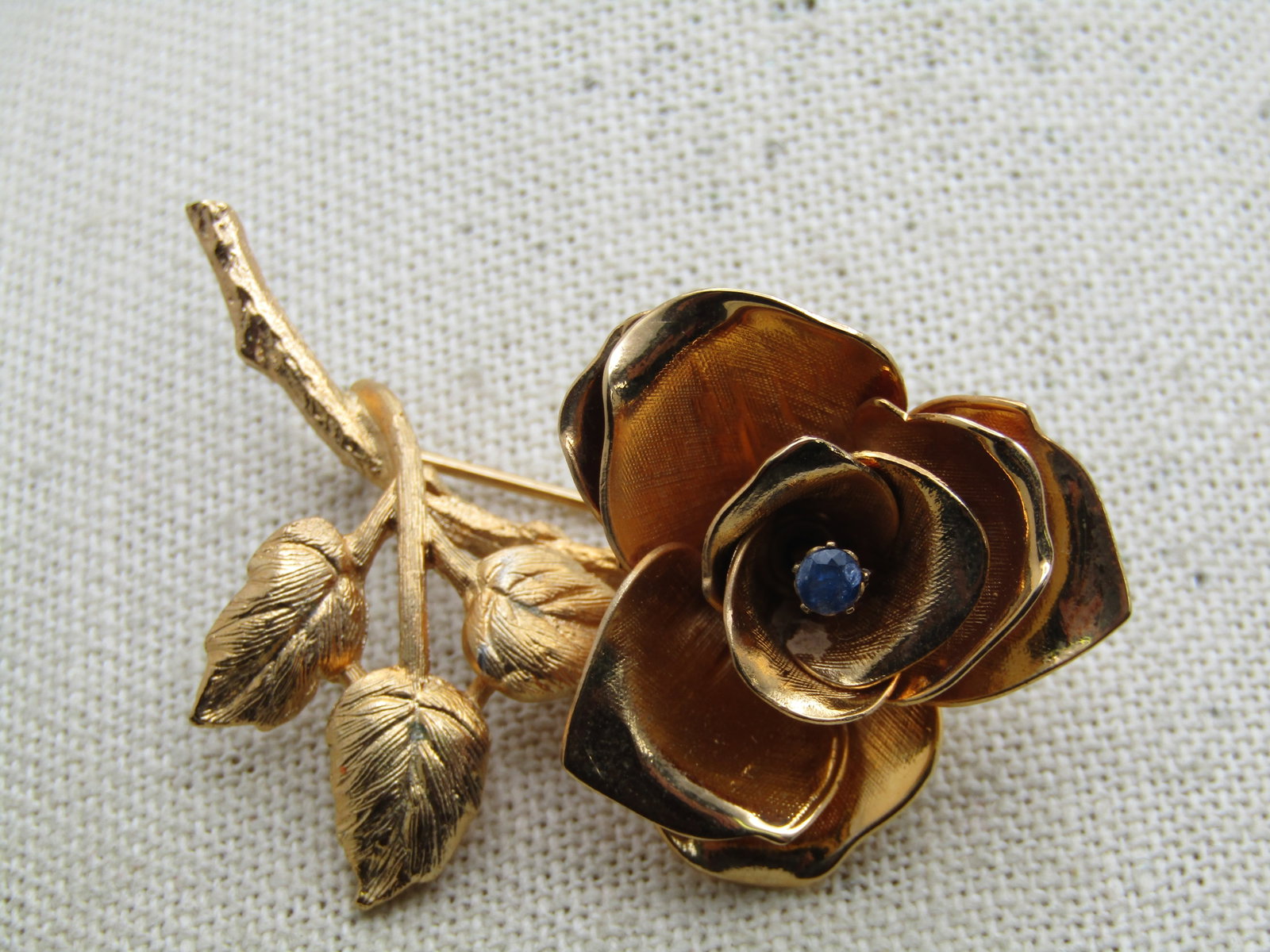 Vintage Rose Brooch, Rhinestone Center, 1970's-1980's - 3