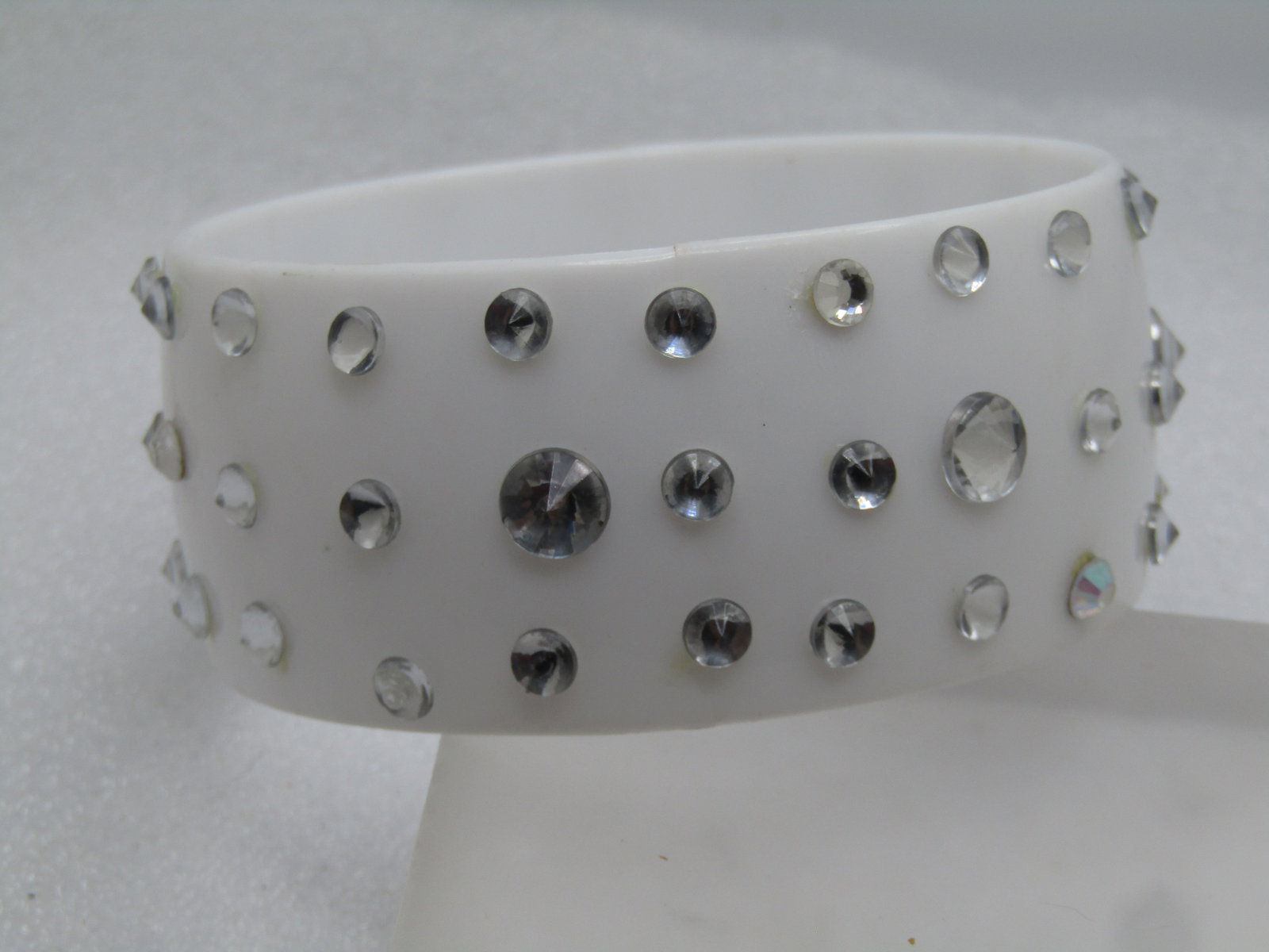 Vintage Wide White Lucite Bangle Bracelet, Clear Rhinestones, 8.5", 1980's - 2
