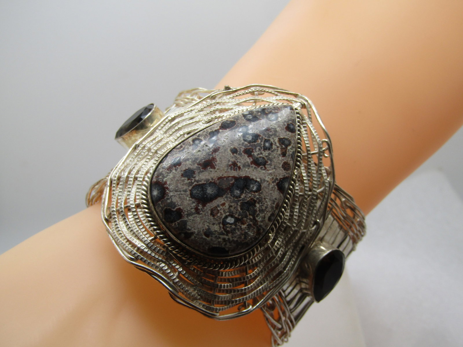 Wide Agate and Rhinestone Wove Cuff Bracelet, Unisex, 7" Plus, 1990's-2000's: Title: Wide Agate and Rhinestone Wove Cuff Bracelet, Unisex, 7" Plus, 1990's-2000's Description: Wide Agate and Rhinestone Wove Cuff Bracelet, Unisex, 7" Plus, 1990's-2000's. The main stone is a brown