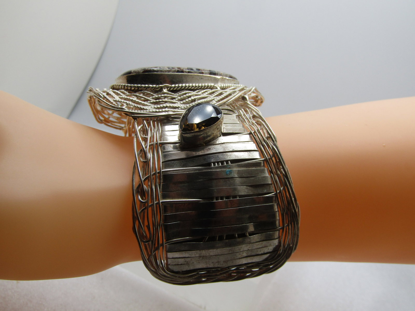 Wide Agate and Rhinestone Wove Cuff Bracelet, Unisex, 7" Plus, 1990's-2000's - 2