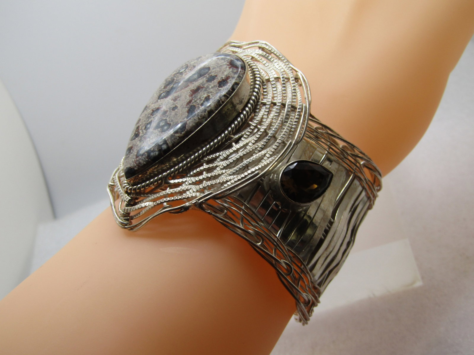 Wide Agate and Rhinestone Wove Cuff Bracelet, Unisex, 7" Plus, 1990's-2000's - 3