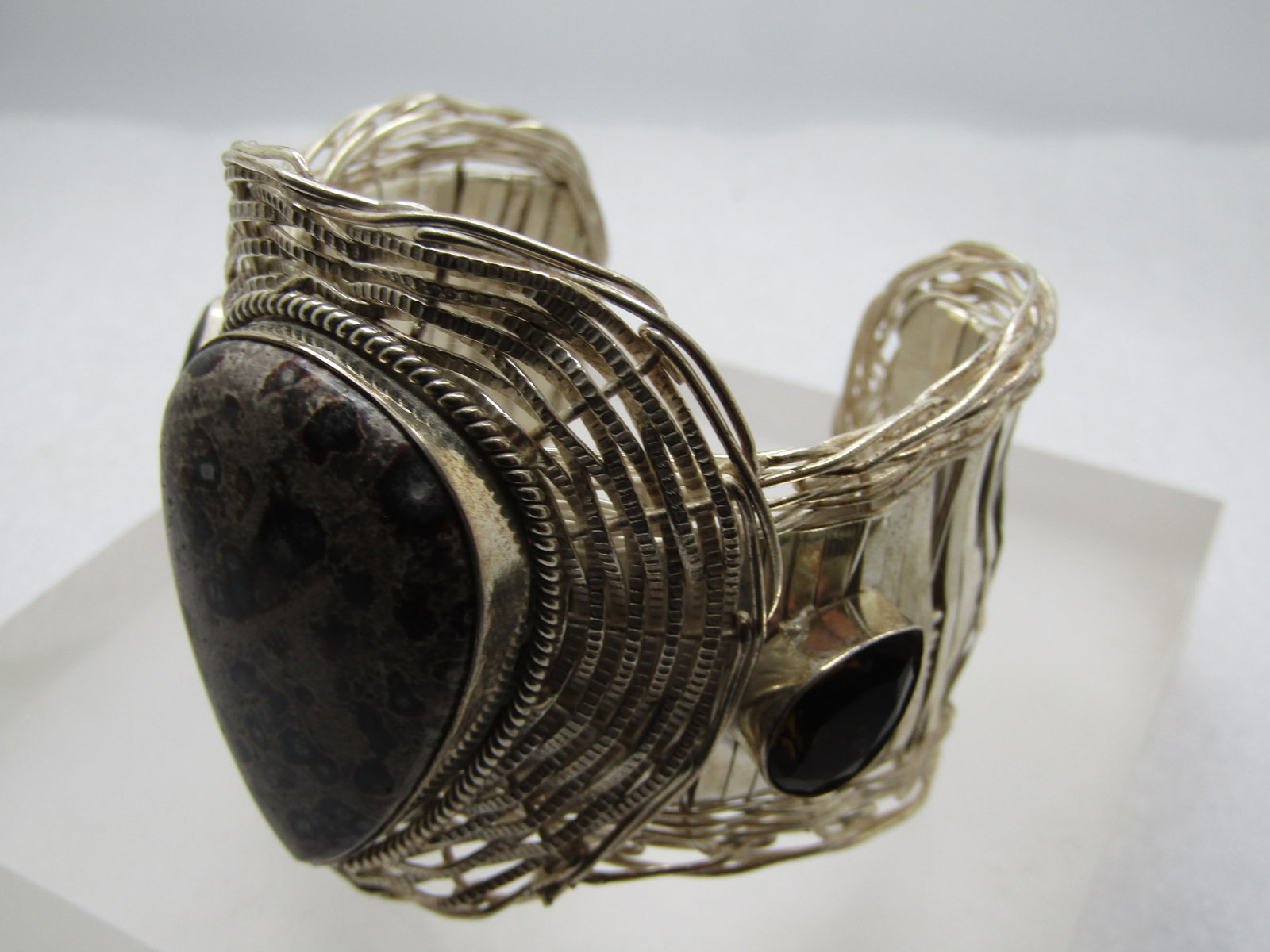 Wide Agate and Rhinestone Wove Cuff Bracelet, Unisex, 7" Plus, 1990's-2000's - 5
