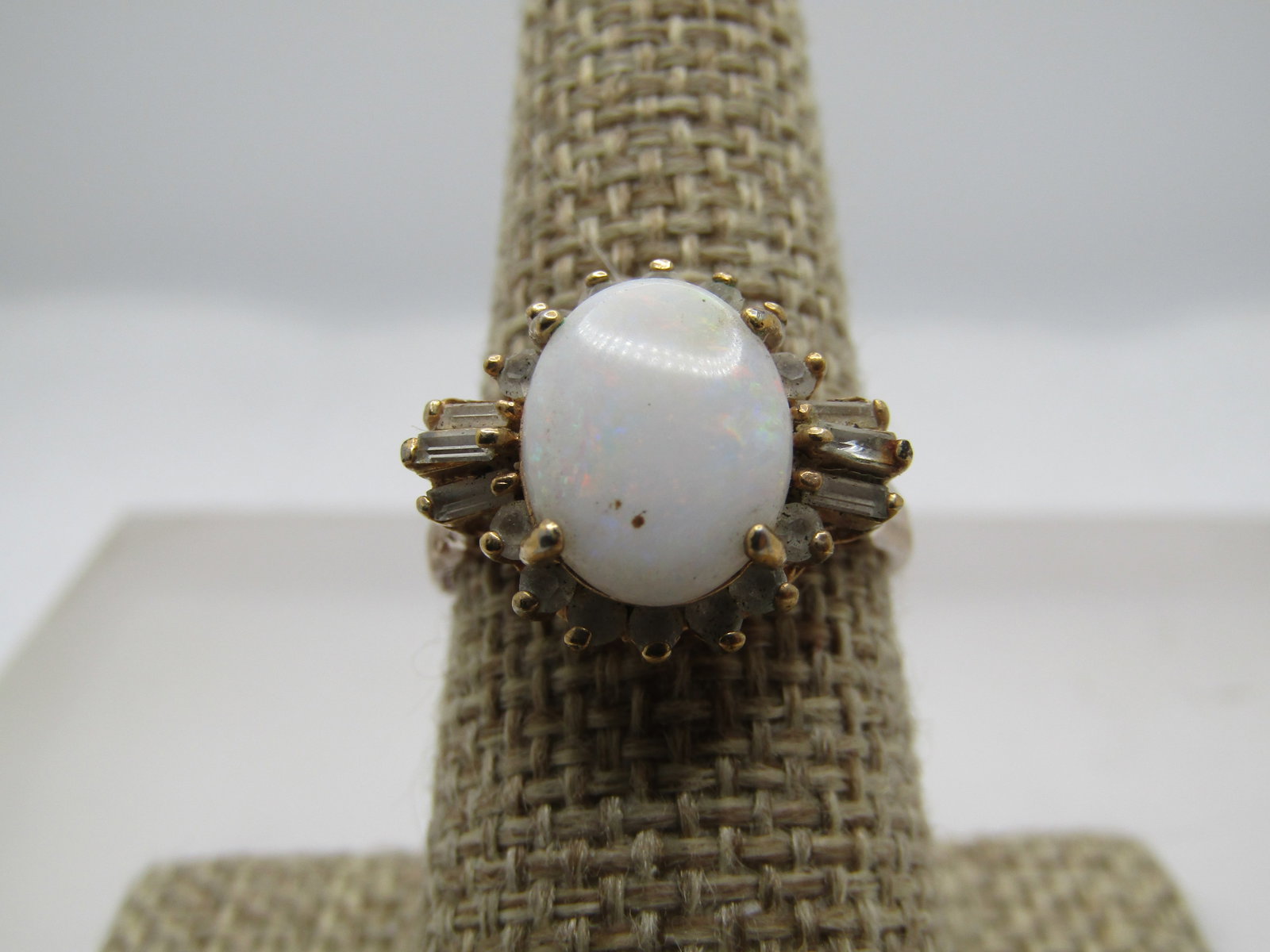 Vintage 14kt GEP Opal CZ Ring, Signed ESPO, 1960's-1970's, Sz. 8: Title: Vintage 14kt GEP Opal CZ Ring, Signed ESPO, 1960's-1970's, Sz. 8 Description: Vintage 14kt GEP Opal CZ Ring, Signed ESPO, 1960's-1970's, Sz. 8. Yellow gold 14kt electroplated and signed Espo. i