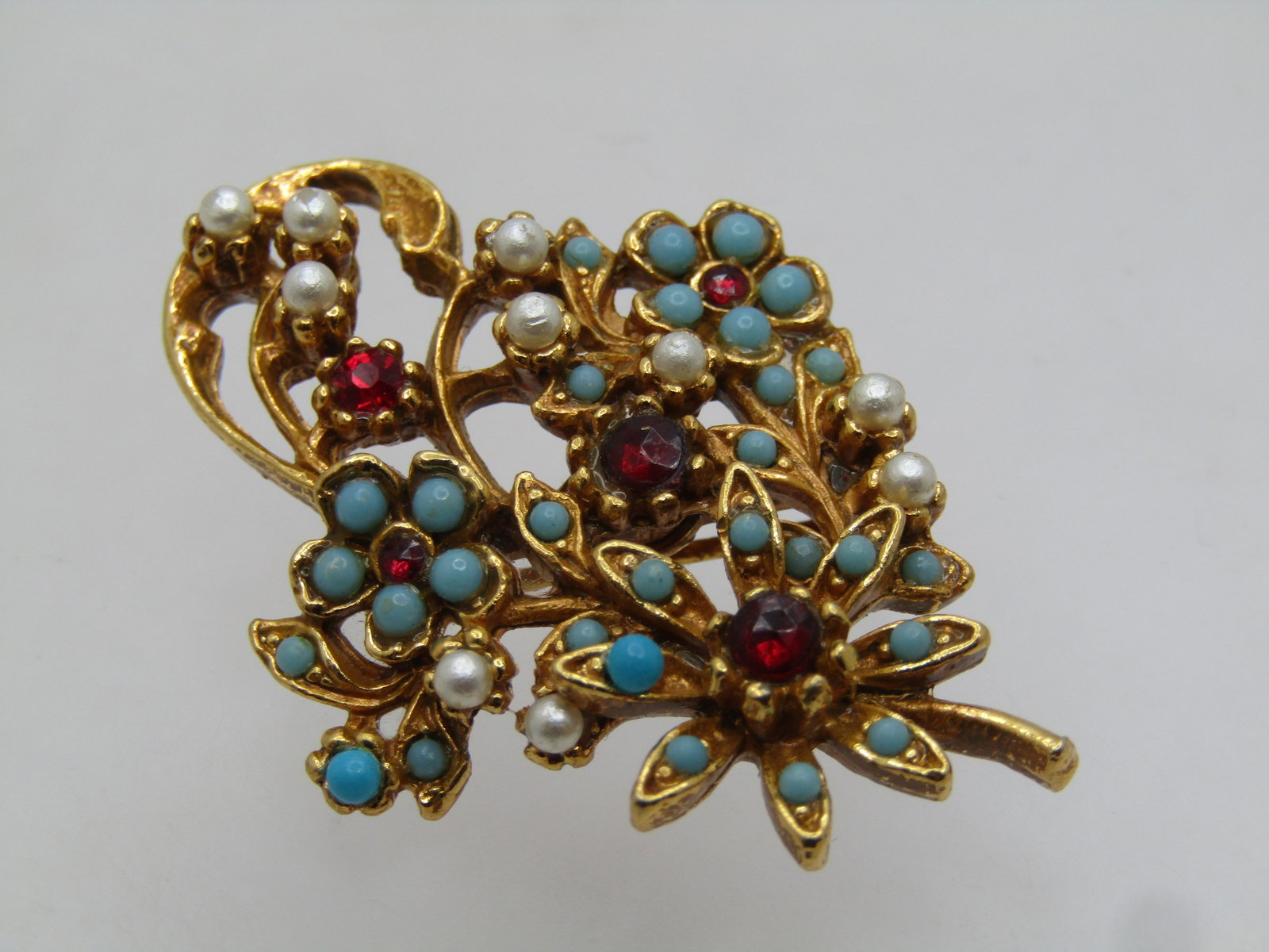 Vintage Faux Turquoise and Rhinestone Floral Stem Brooch, 1950's-1960's - 2