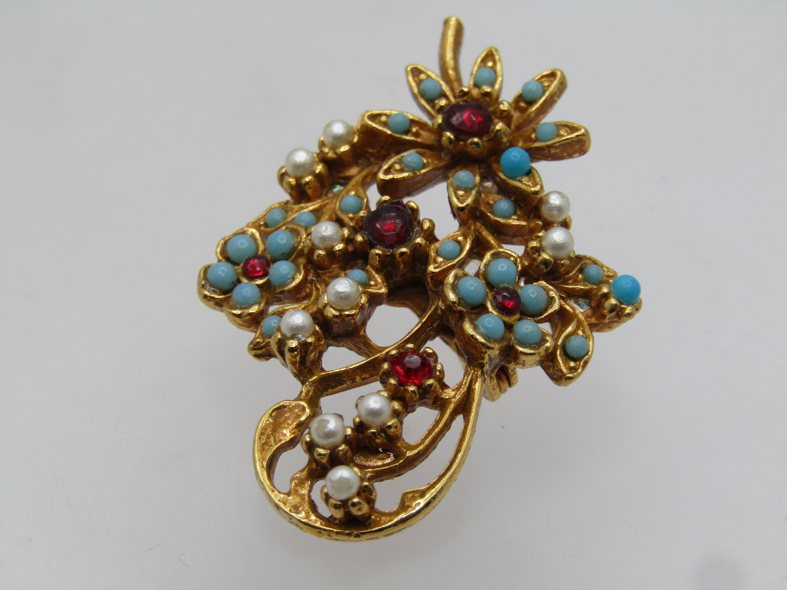 Vintage Faux Turquoise and Rhinestone Floral Stem Brooch, 1950's-1960's - 3