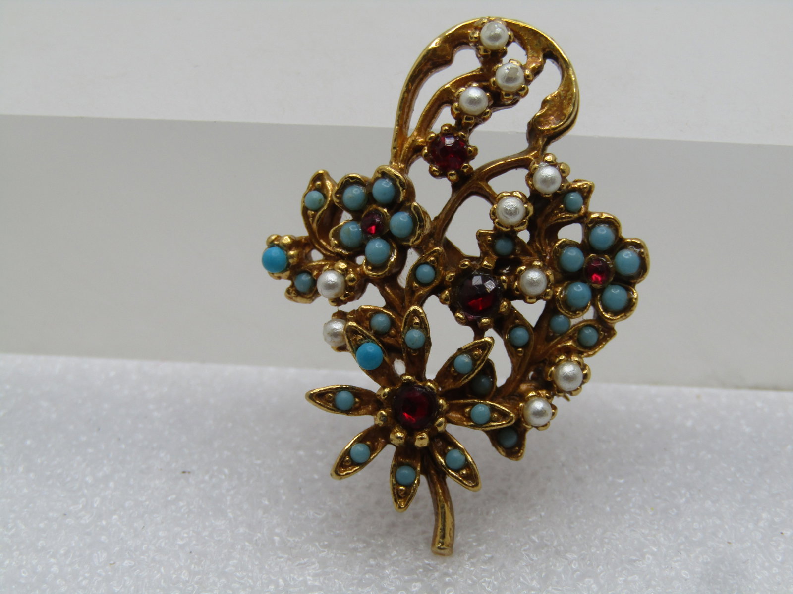 Vintage Faux Turquoise and Rhinestone Floral Stem Brooch, 1950's-1960's - 4