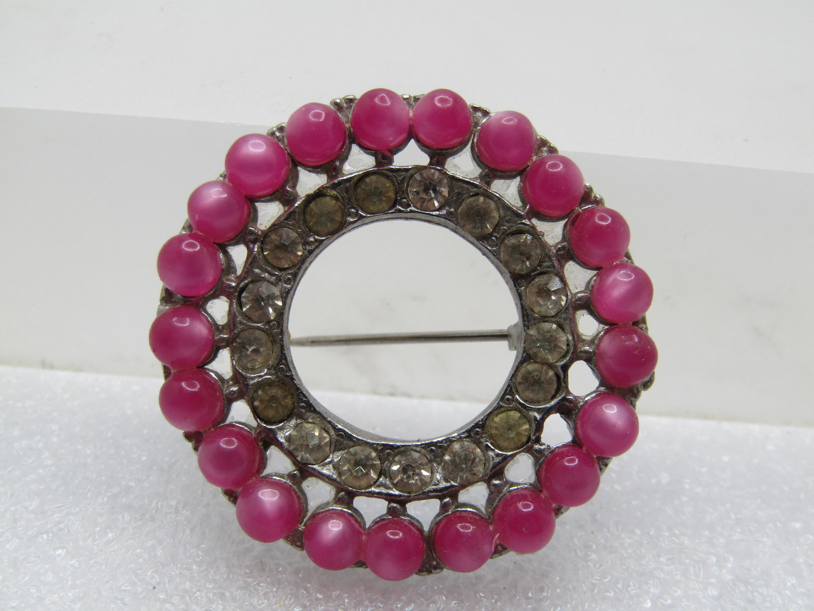 Vintage Pink Moonglow and Clear Rhinestone Brooch, Circle, 1940's-1950's (1 of 5)