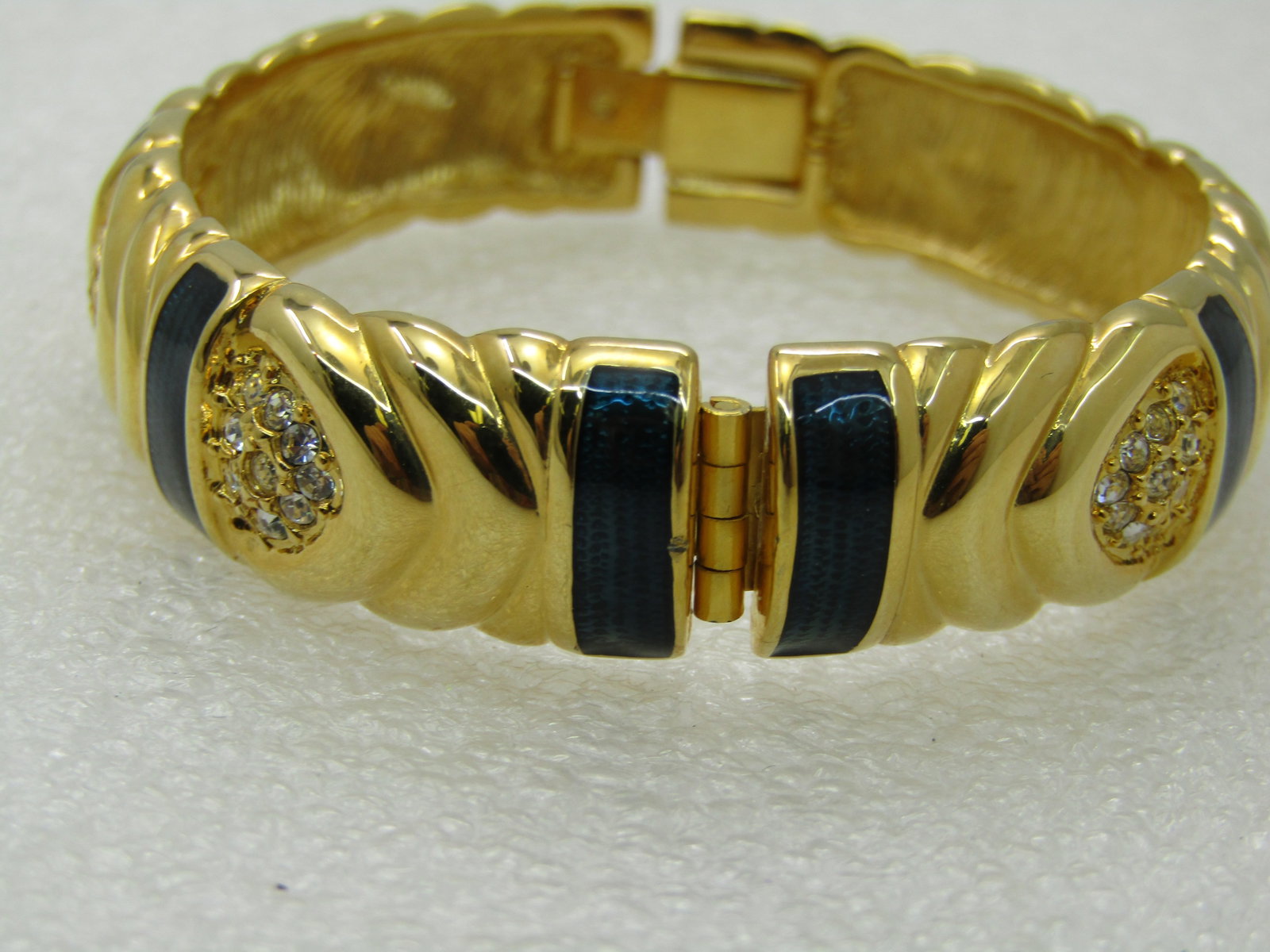Vintage Joan Rivers Blue Enameled Hinged Bracelet, Pave CZ, 7", 14mm - 2