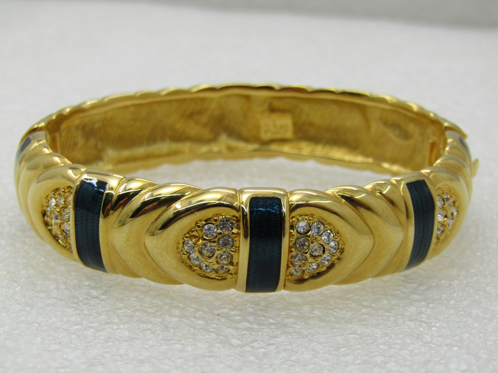Vintage Joan Rivers Blue Enameled Hinged Bracelet, Pave CZ, 7", 14mm - 3