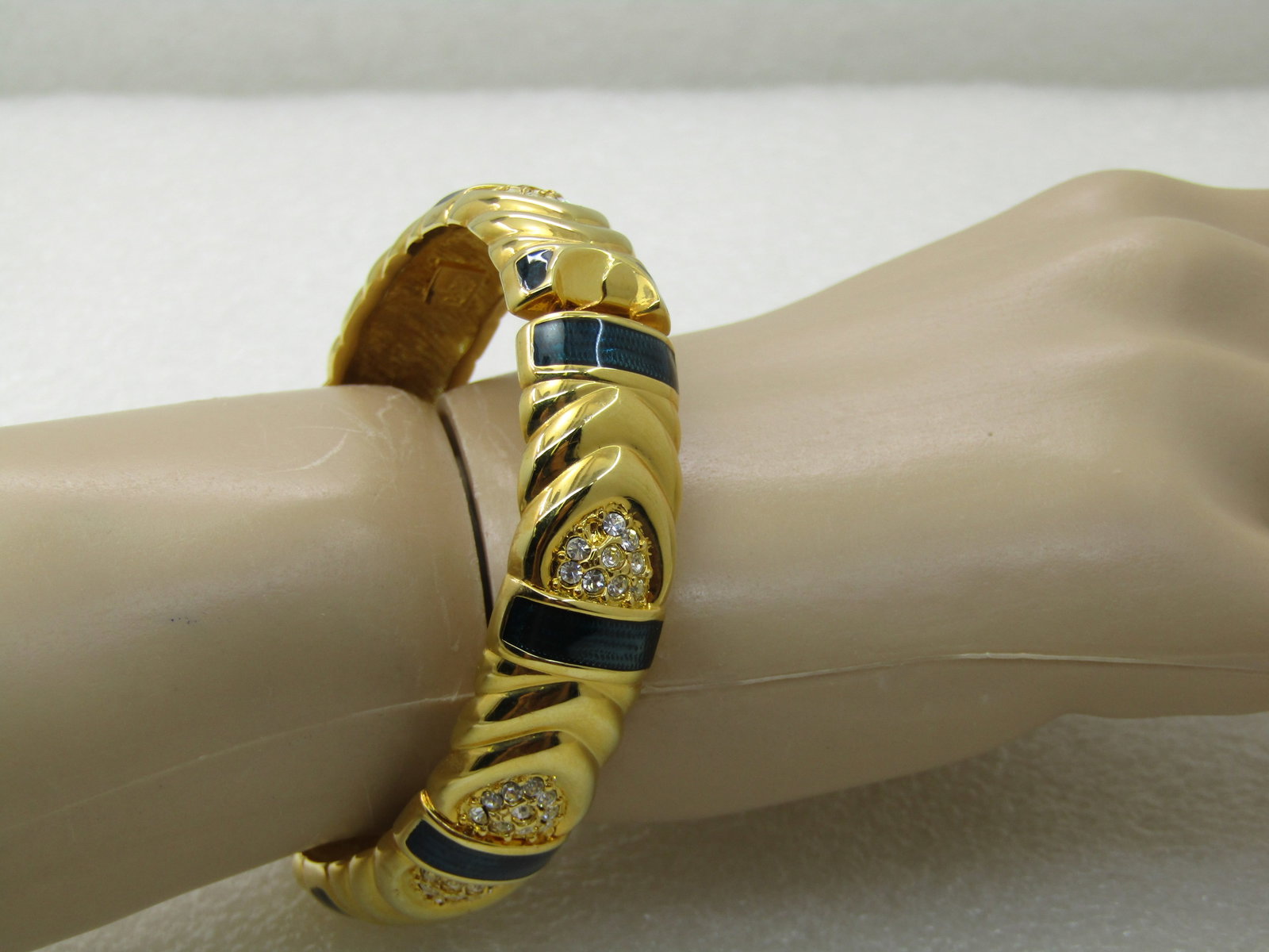 Vintage Joan Rivers Blue Enameled Hinged Bracelet, Pave CZ, 7", 14mm - 7