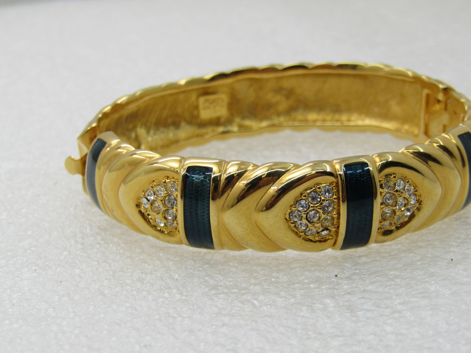 Vintage Joan Rivers Blue Enameled Hinged Bracelet, Pave CZ, 7", 14mm - 8