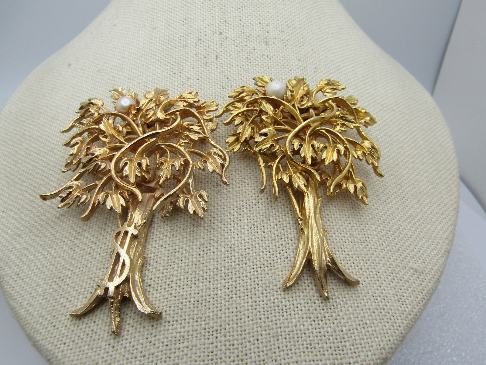 Vintage Pair Gold Tree Brooches, Money Tree, Faux Pearl , 1960's-1970's (1 of 4)