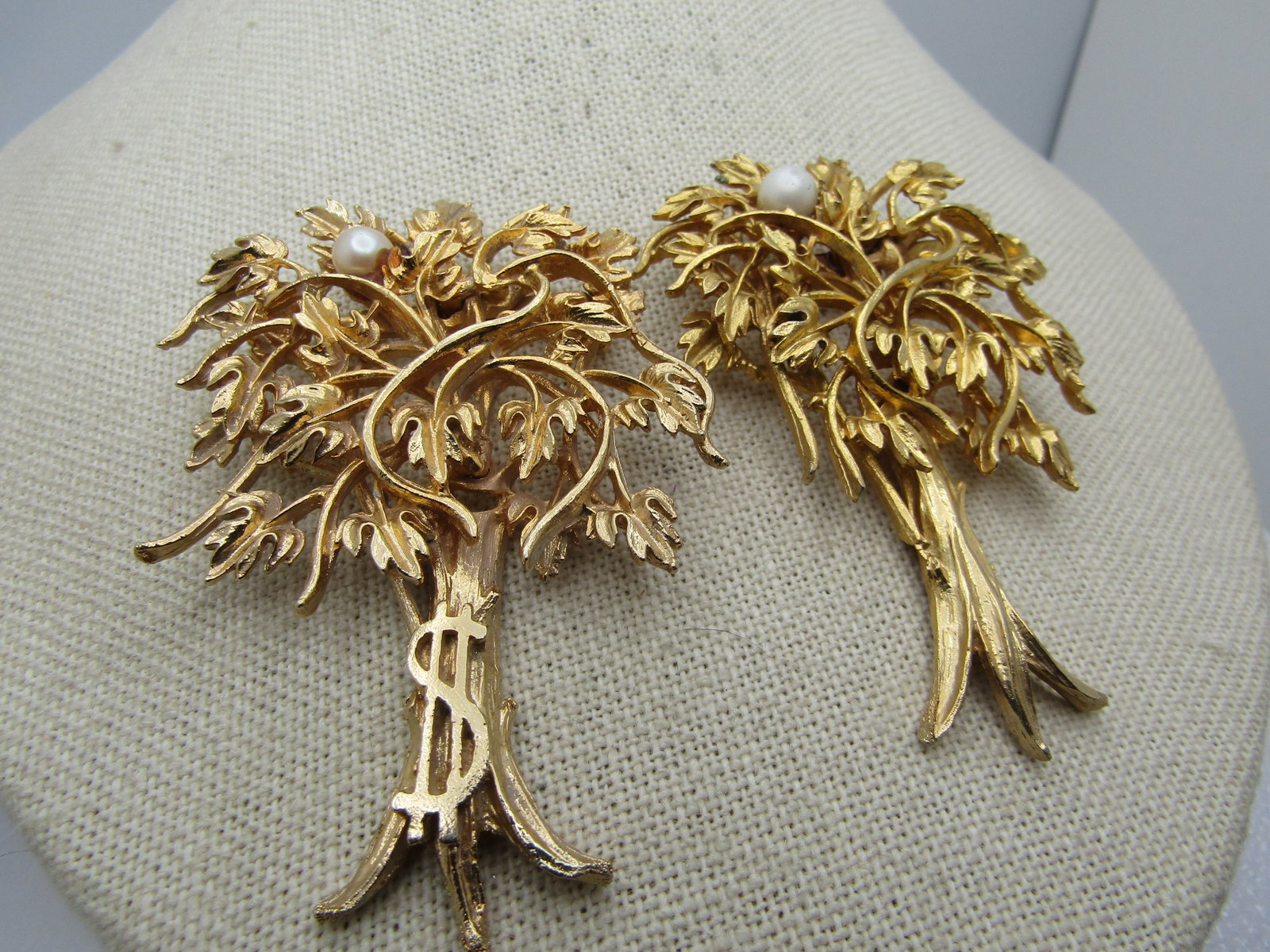 Vintage Pair Gold Tree Brooches, Money Tree, Faux Pearl , 1960's-1970's - 2