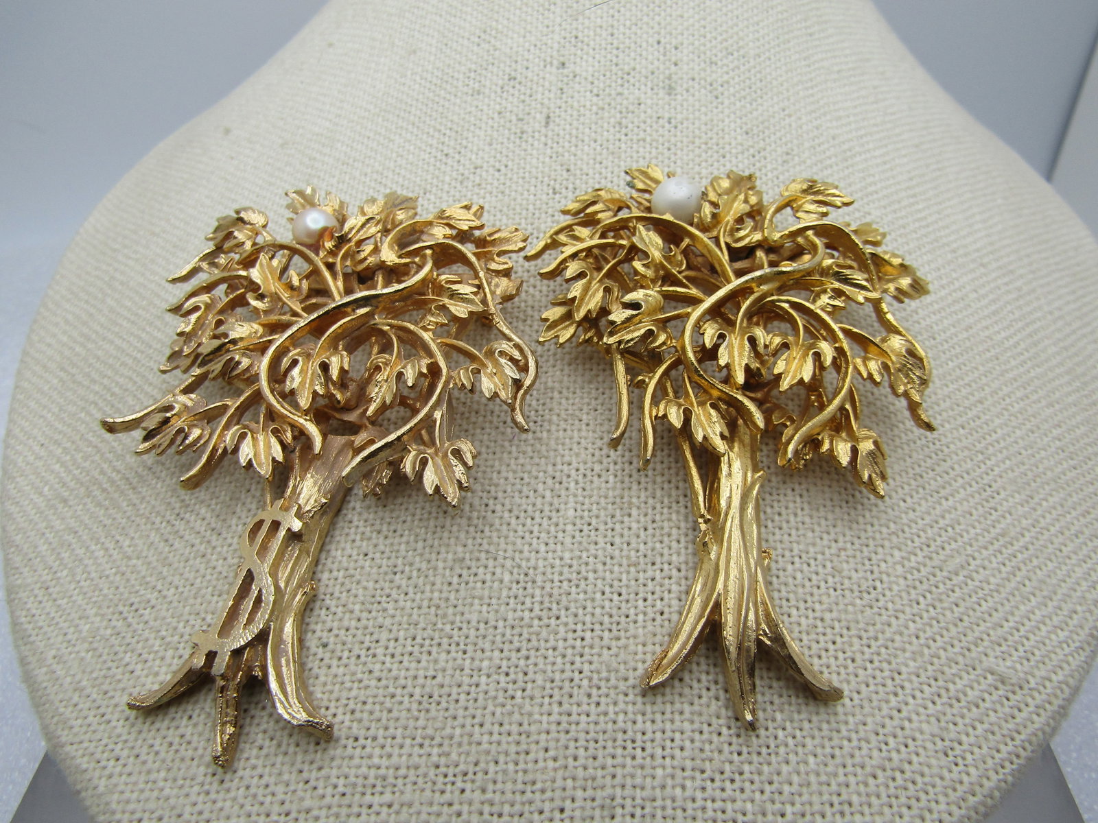 Vintage Pair Gold Tree Brooches, Money Tree, Faux Pearl , 1960's-1970's - 3