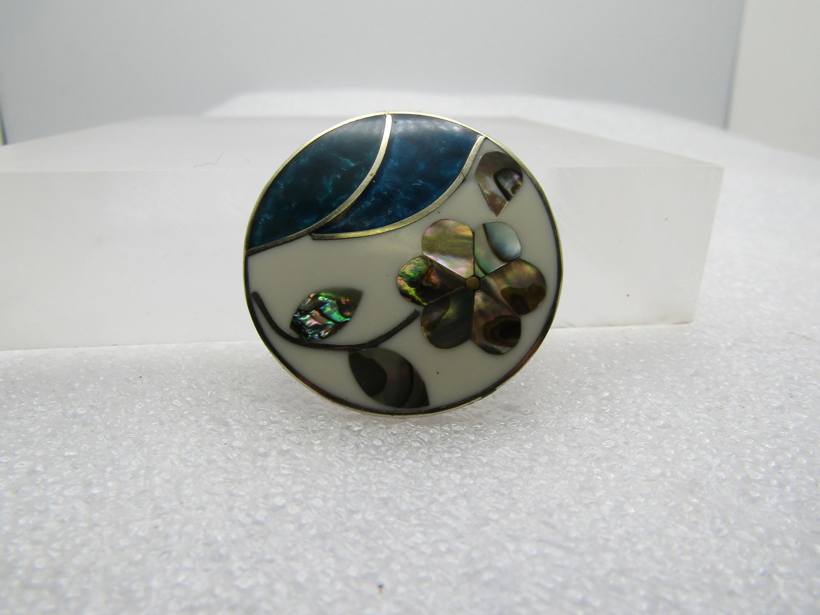Vintage Inlaid Floral Brooch, Alpaca, Mexico, 1960's-1980's, 1.5" - 2