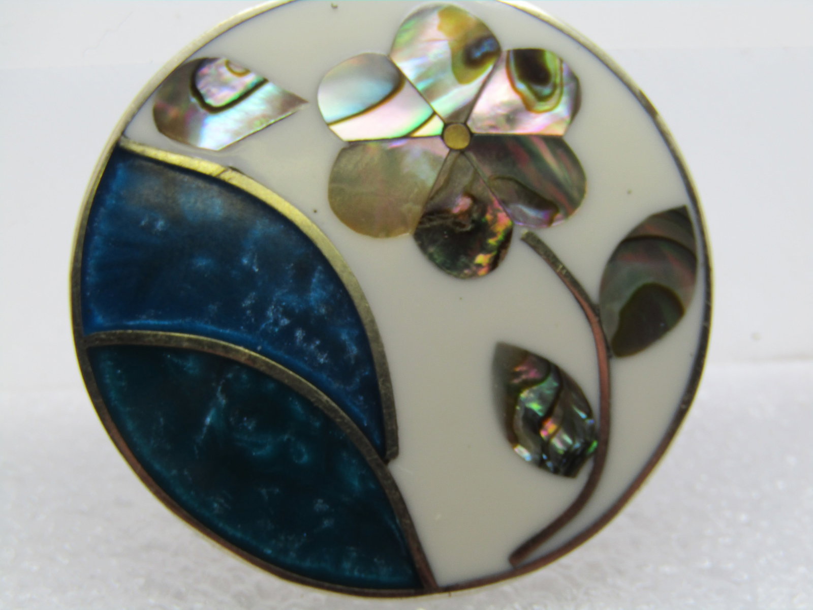 Vintage Inlaid Floral Brooch, Alpaca, Mexico, 1960's-1980's, 1.5" - 5