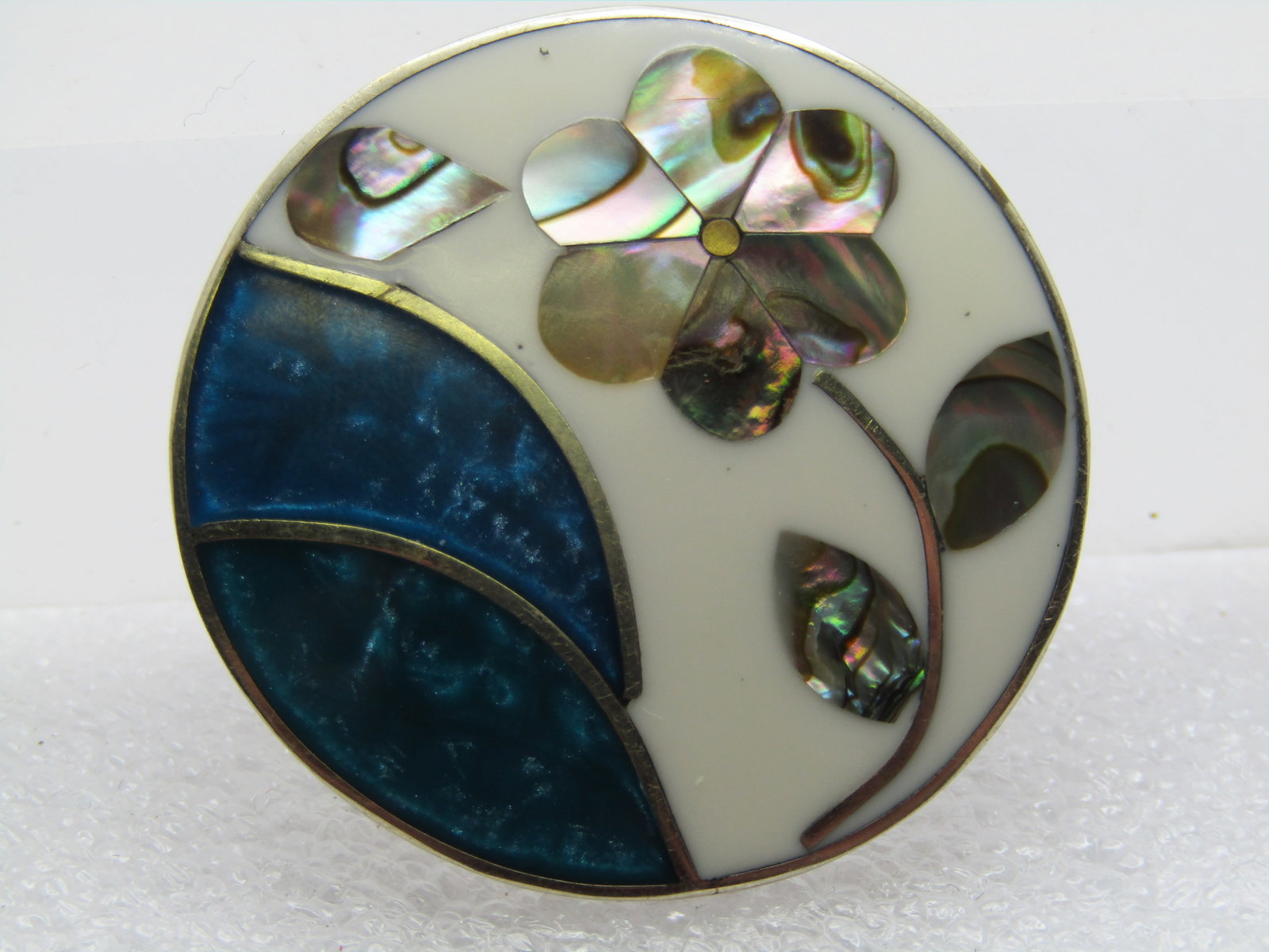 Vintage Inlaid Floral Brooch, Alpaca, Mexico, 1960's-1980's, 1.5" - 6