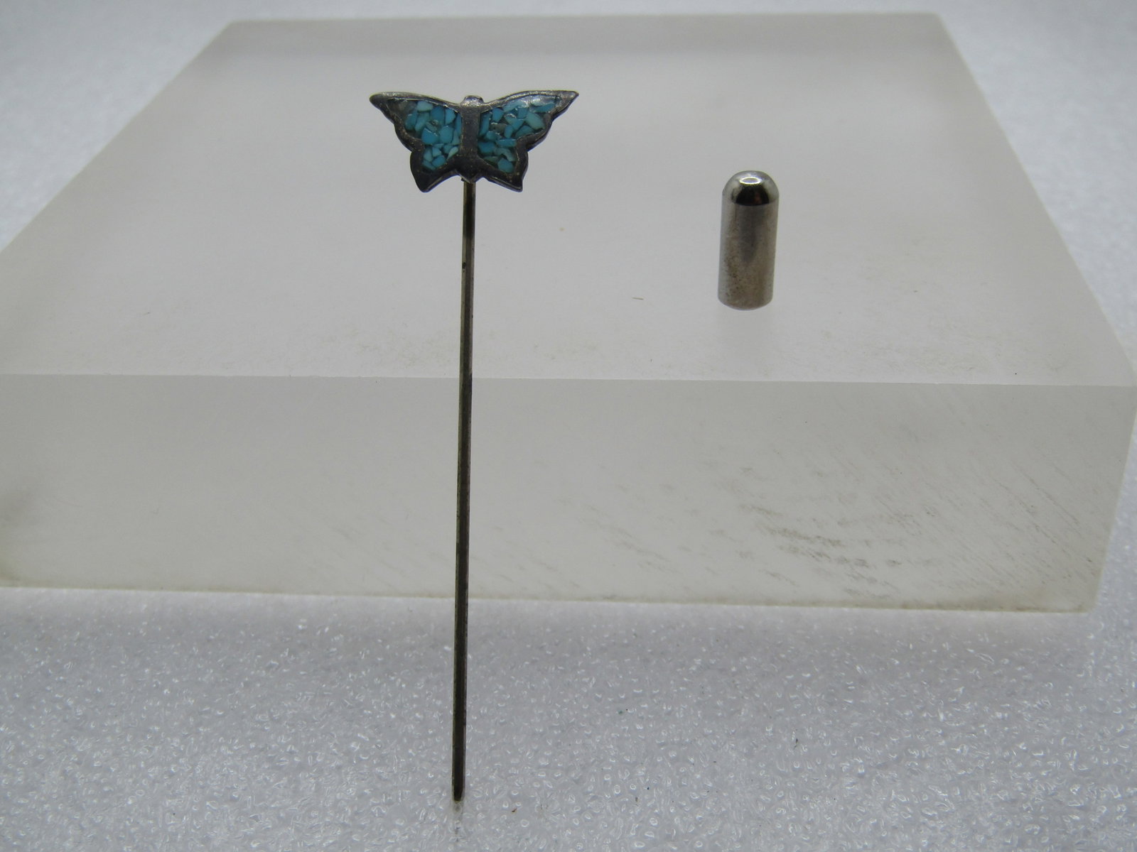 Vintage Sterling Turquoise Chip Butterfly Stick Pin, 1960's-1970's: Title: Vintage Sterling Turquoise Chip Butterfly Stick Pin, 1960's-1970's Description: Vintage Sterling Turquoise Chip Butterfly Stick Pin, 1960's-1970's. The pin is silver tone - the butterfly is ste