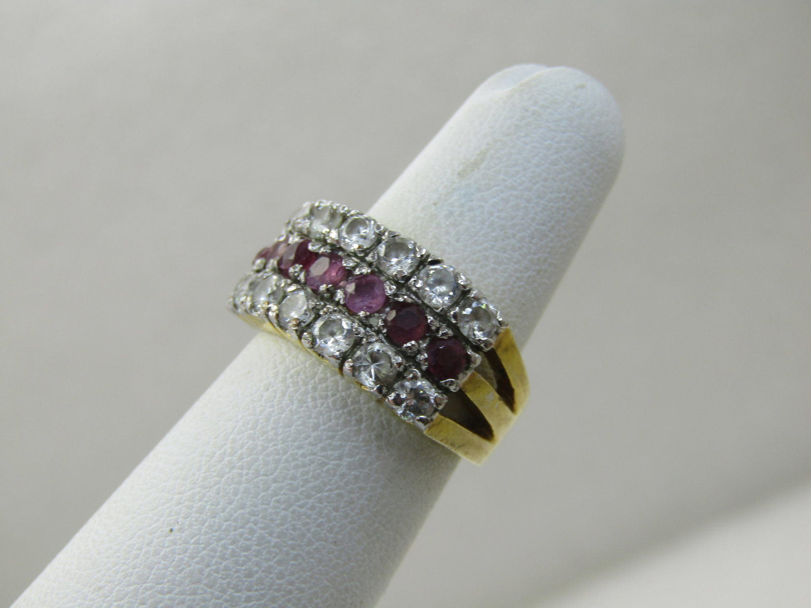 Vintage 10kt Plated CZ and Ruby Ring, Wide Band, Sz. 5.25 - 2