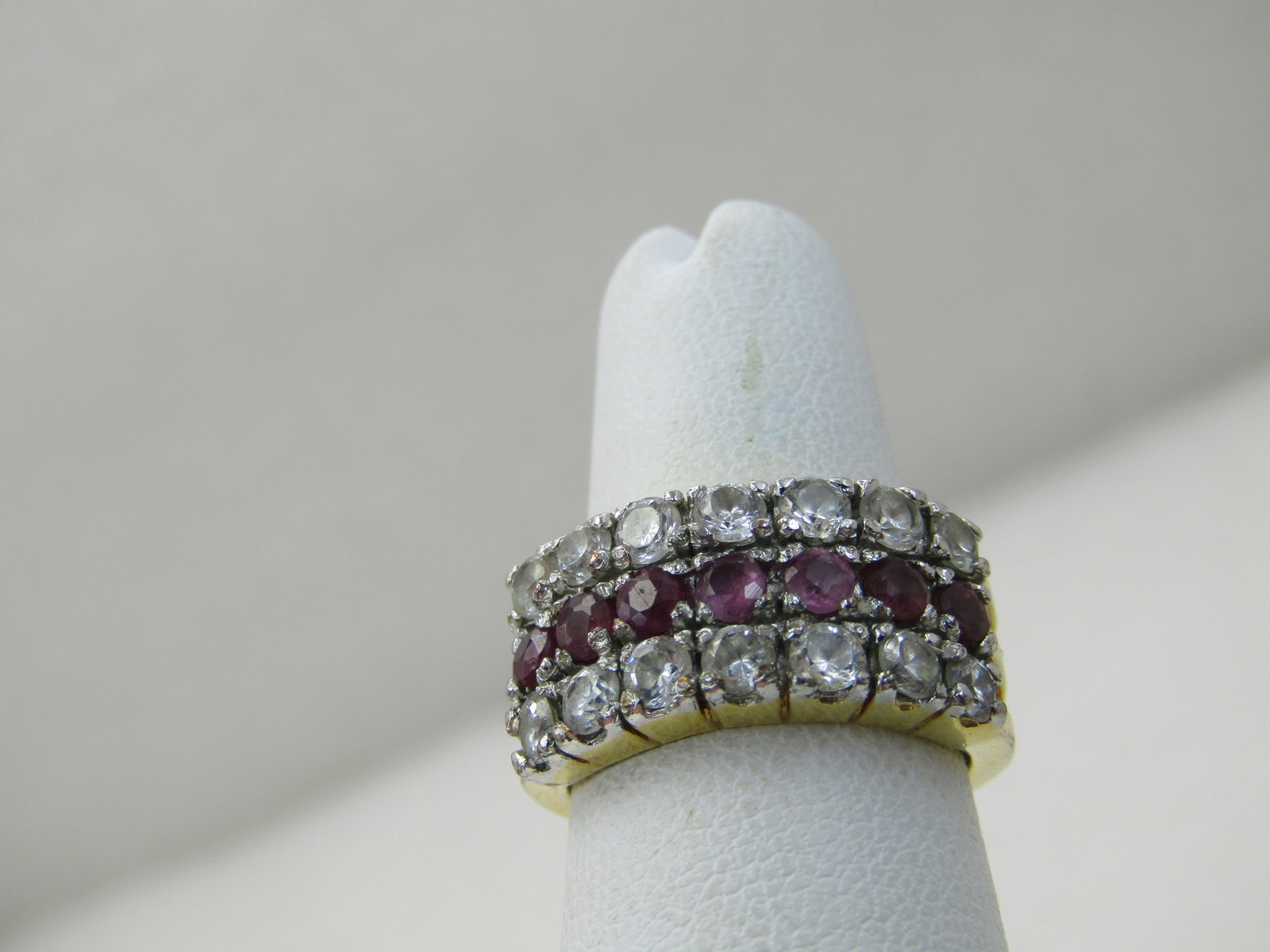 Vintage 10kt Plated CZ and Ruby Ring, Wide Band, Sz. 5.25 - 3