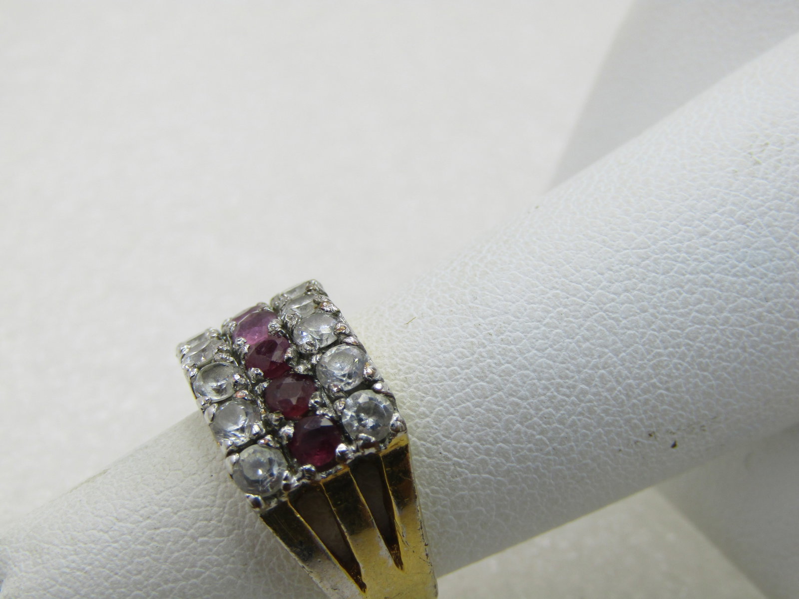 Vintage 10kt Plated CZ and Ruby Ring, Wide Band, Sz. 5.25 - 4