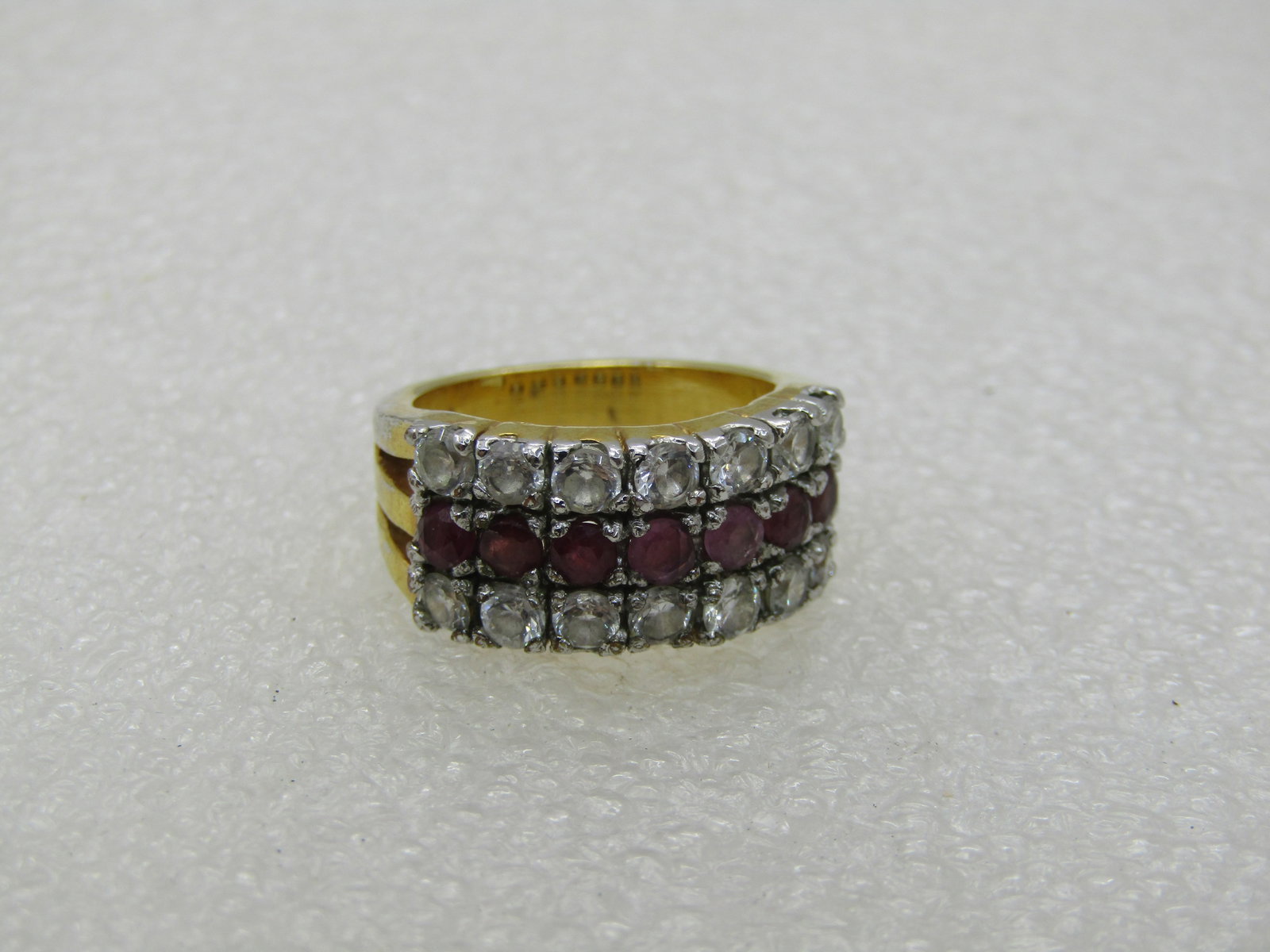 Vintage 10kt Plated CZ and Ruby Ring, Wide Band, Sz. 5.25 - 5