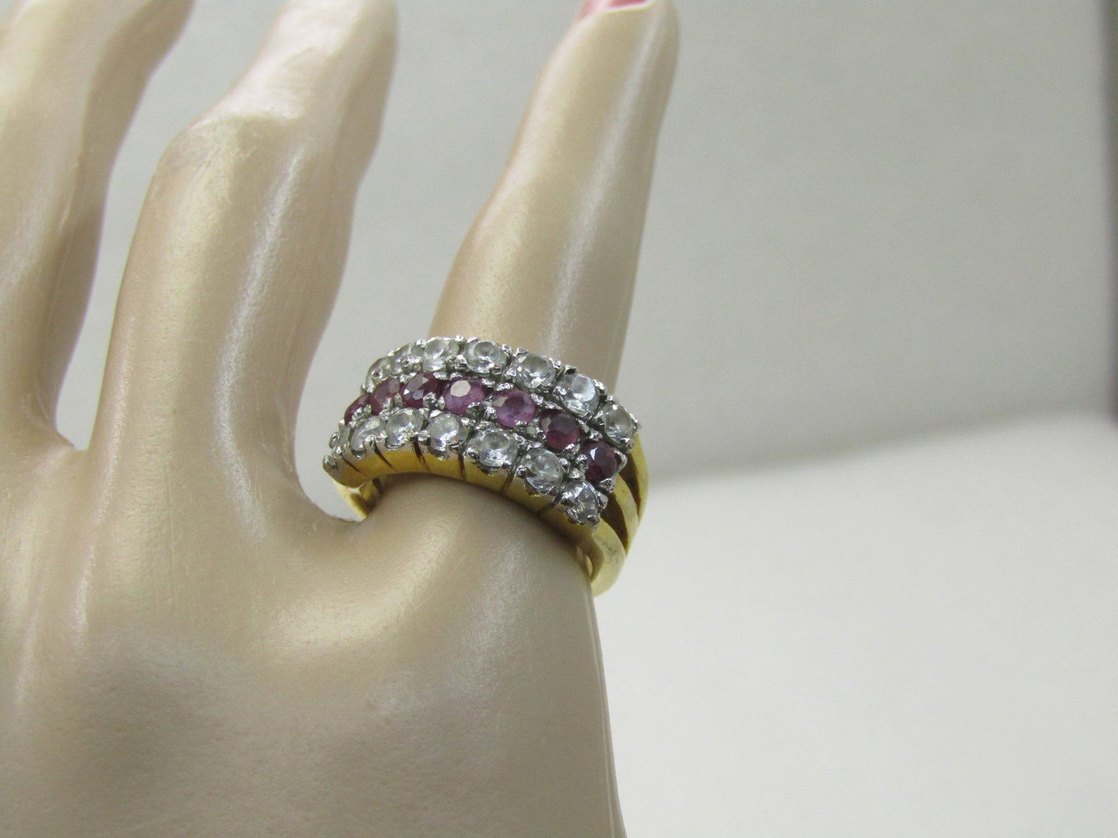 Vintage 10kt Plated CZ and Ruby Ring, Wide Band, Sz. 5.25 - 7