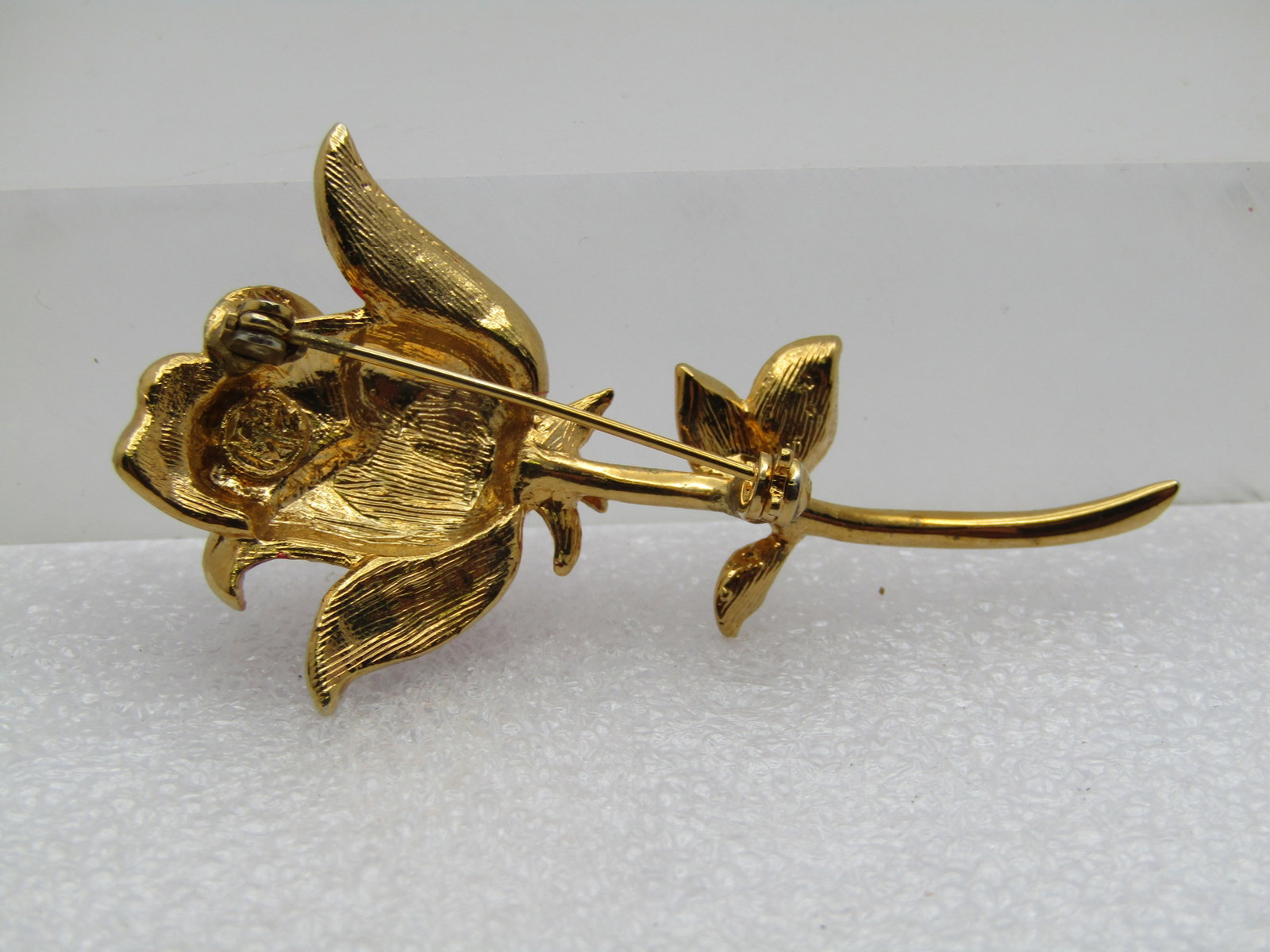Vintage Enameled Long Stem Rose Brooch, Rhinestones, 1980's-1990's 2.25" - 2