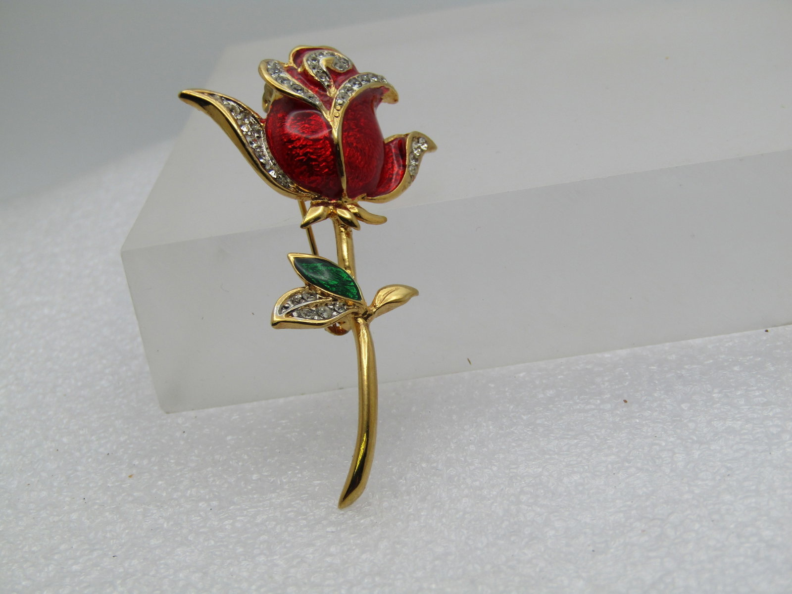 Vintage Enameled Long Stem Rose Brooch, Rhinestones, 1980's-1990's 2.25" - 3