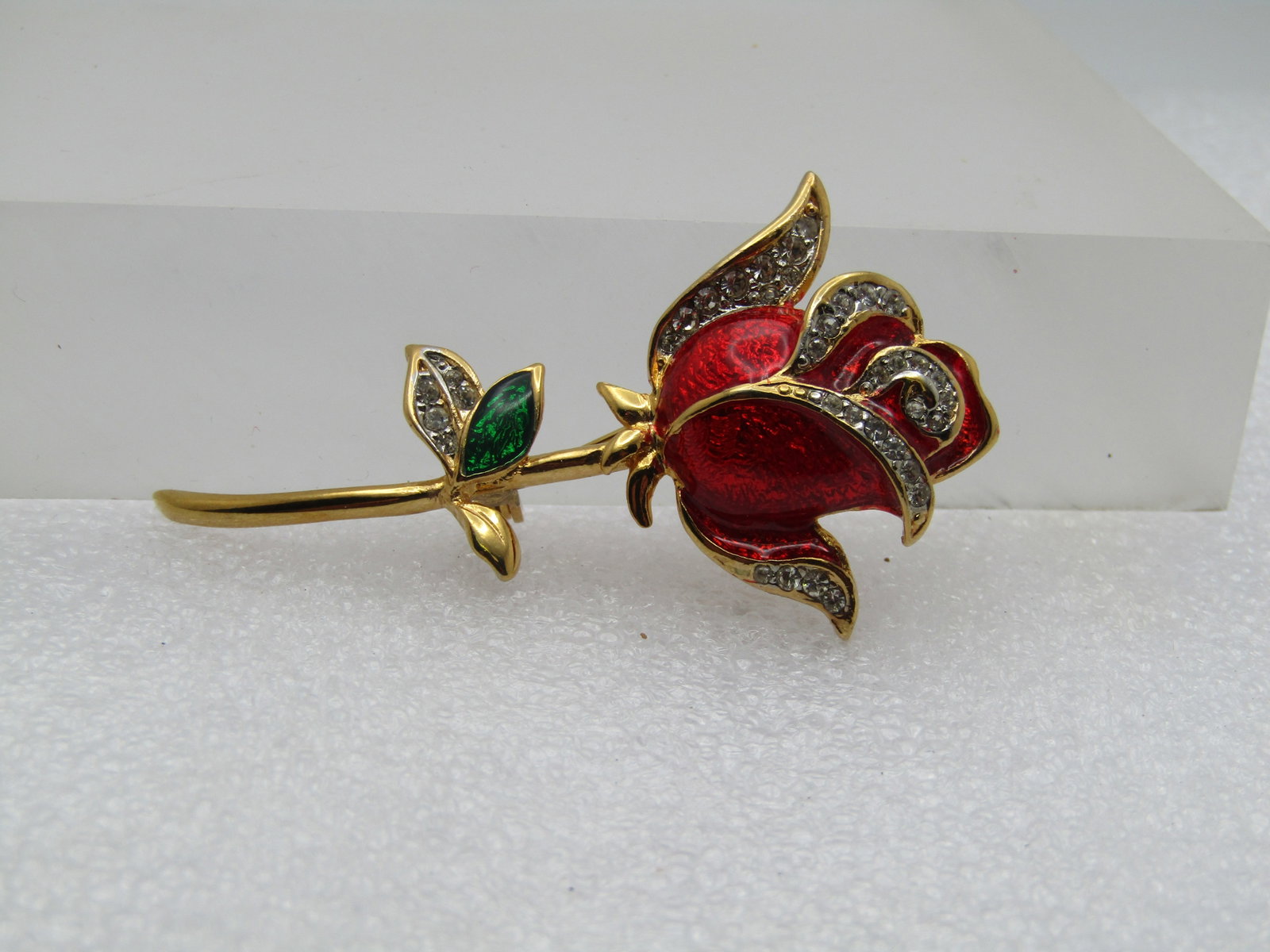 Vintage Enameled Long Stem Rose Brooch, Rhinestones, 1980's-1990's 2.25" - 4