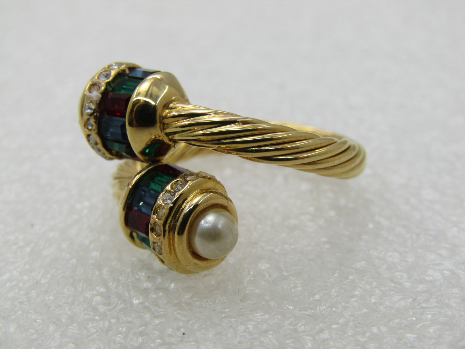 Vintage Joan Rivers Straw Bead Faux Pearl Bypass Ring, Size 5-6 adj., Gold Tone - 4