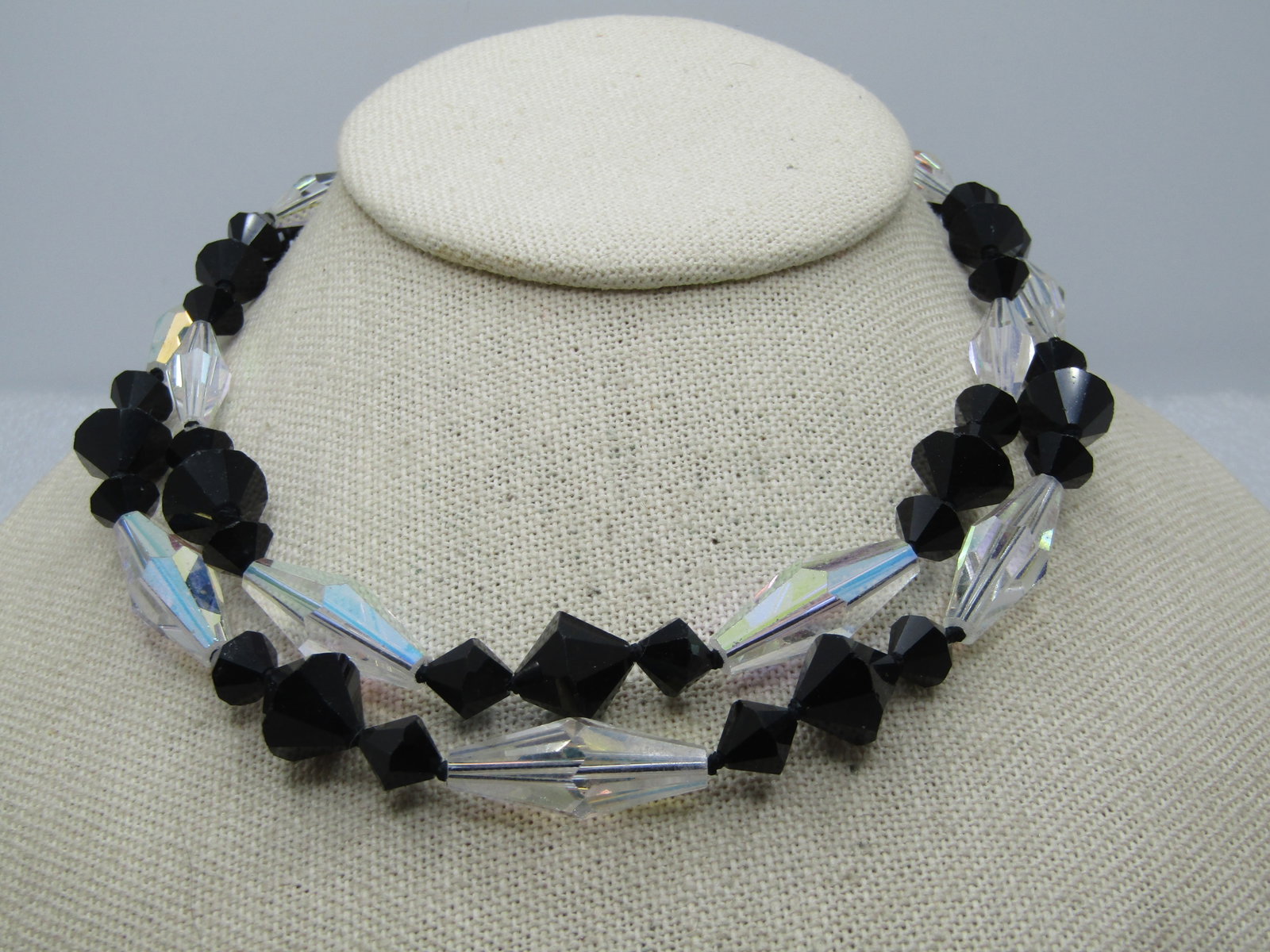 Vintage Black and Clear AB Beaded Necklace, 14.5", Double Strand, 1950's-1960's: Title: Vintage Black and Clear AB Beaded Necklace, 14.5", Double Strand, 1950's-1960's Description: Vintage Black and Clear AB Beaded Necklace, 14.5", Double Strand, 1950's-1960's. This has an ornate 