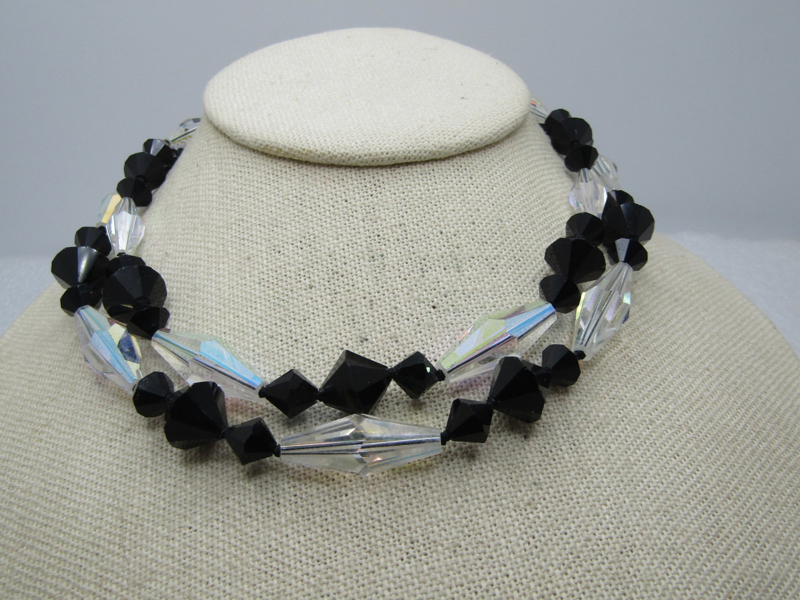 Vintage Black and Clear AB Beaded Necklace, 14.5", Double Strand, 1950's-1960's - 3