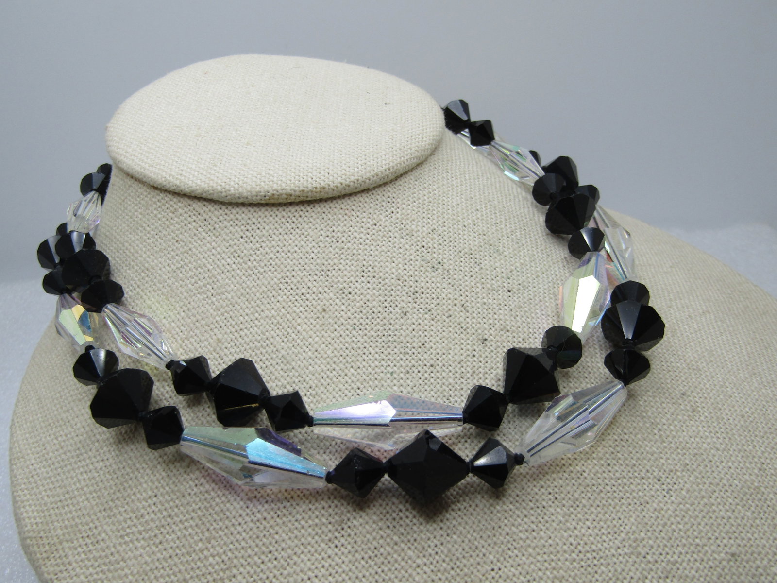 Vintage Black and Clear AB Beaded Necklace, 14.5", Double Strand, 1950's-1960's - 4