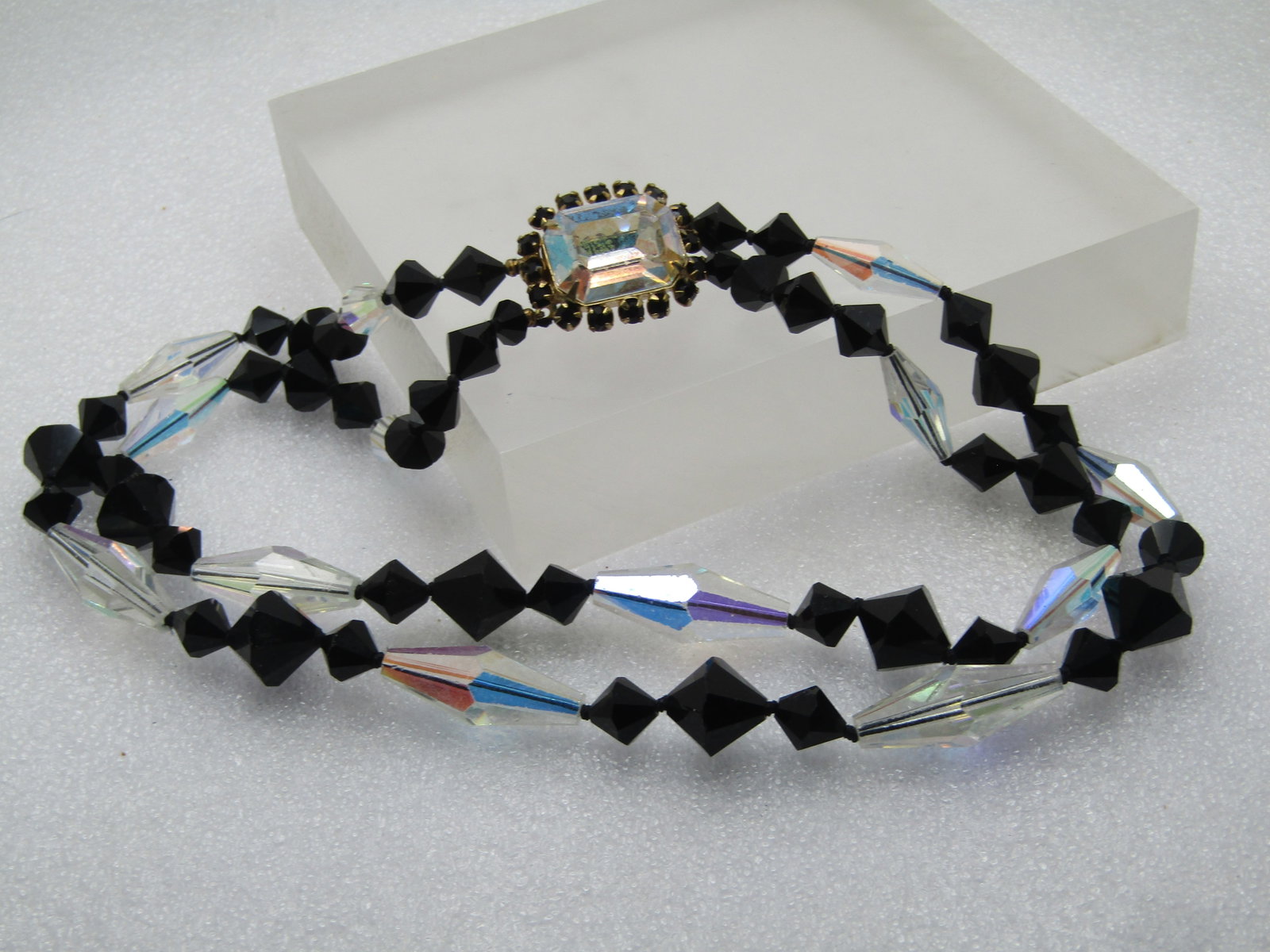 Vintage Black and Clear AB Beaded Necklace, 14.5", Double Strand, 1950's-1960's - 5