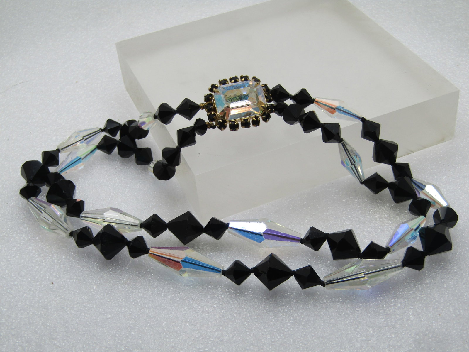 Vintage Black and Clear AB Beaded Necklace, 14.5", Double Strand, 1950's-1960's - 6