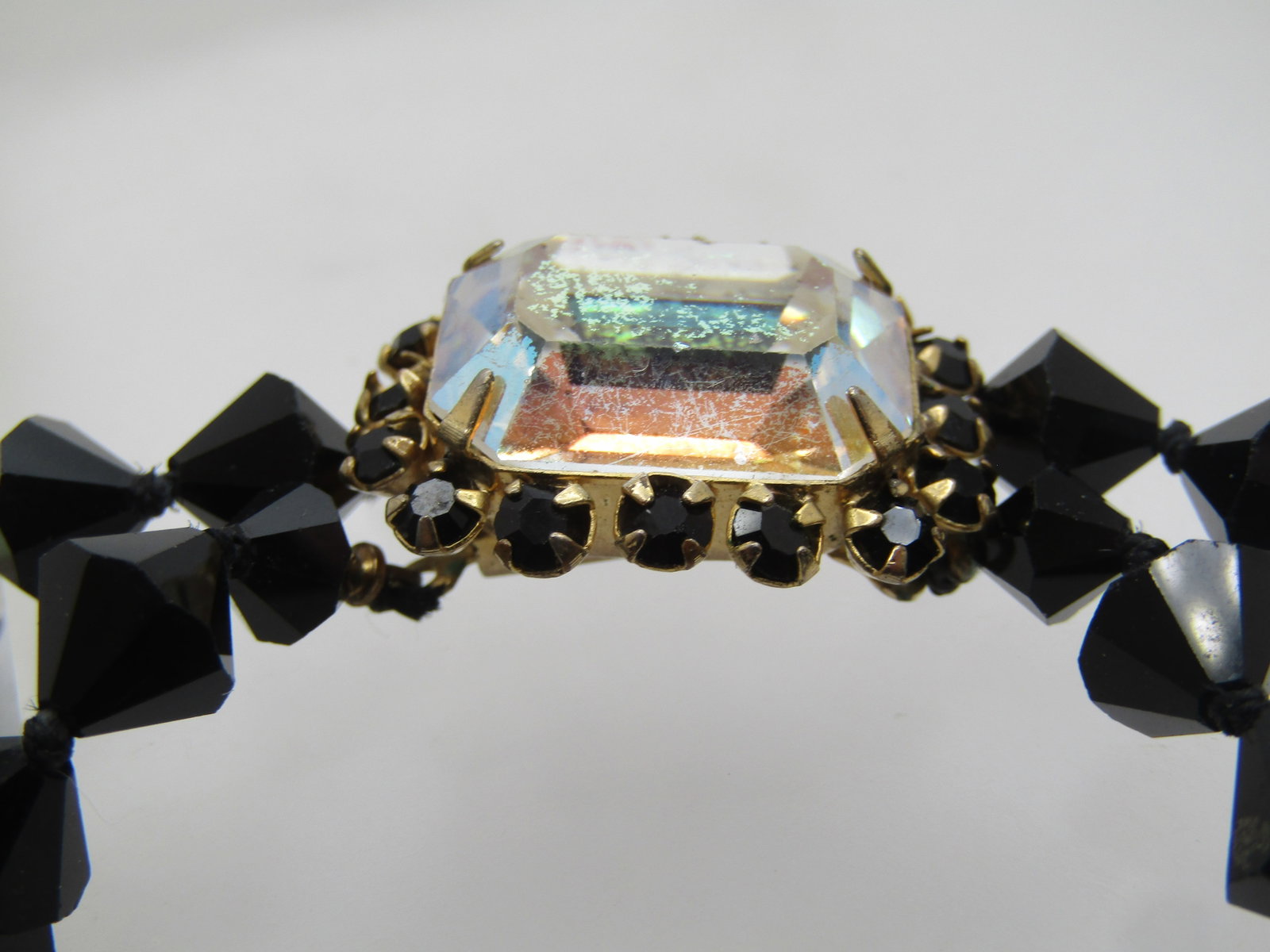 Vintage Black and Clear AB Beaded Necklace, 14.5", Double Strand, 1950's-1960's - 7