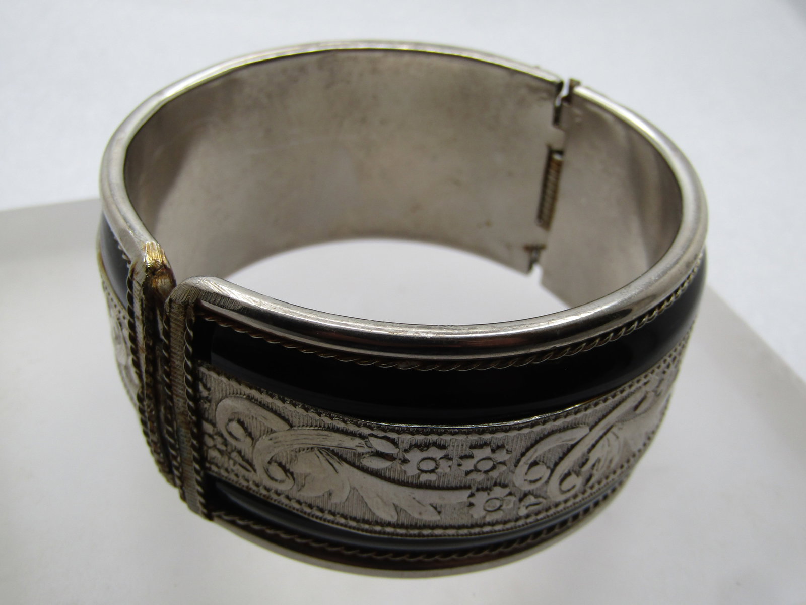 Vintage Black Enameled and Floral Cuff Bracelet, Hinged, 7" 1960's-1970's - 7