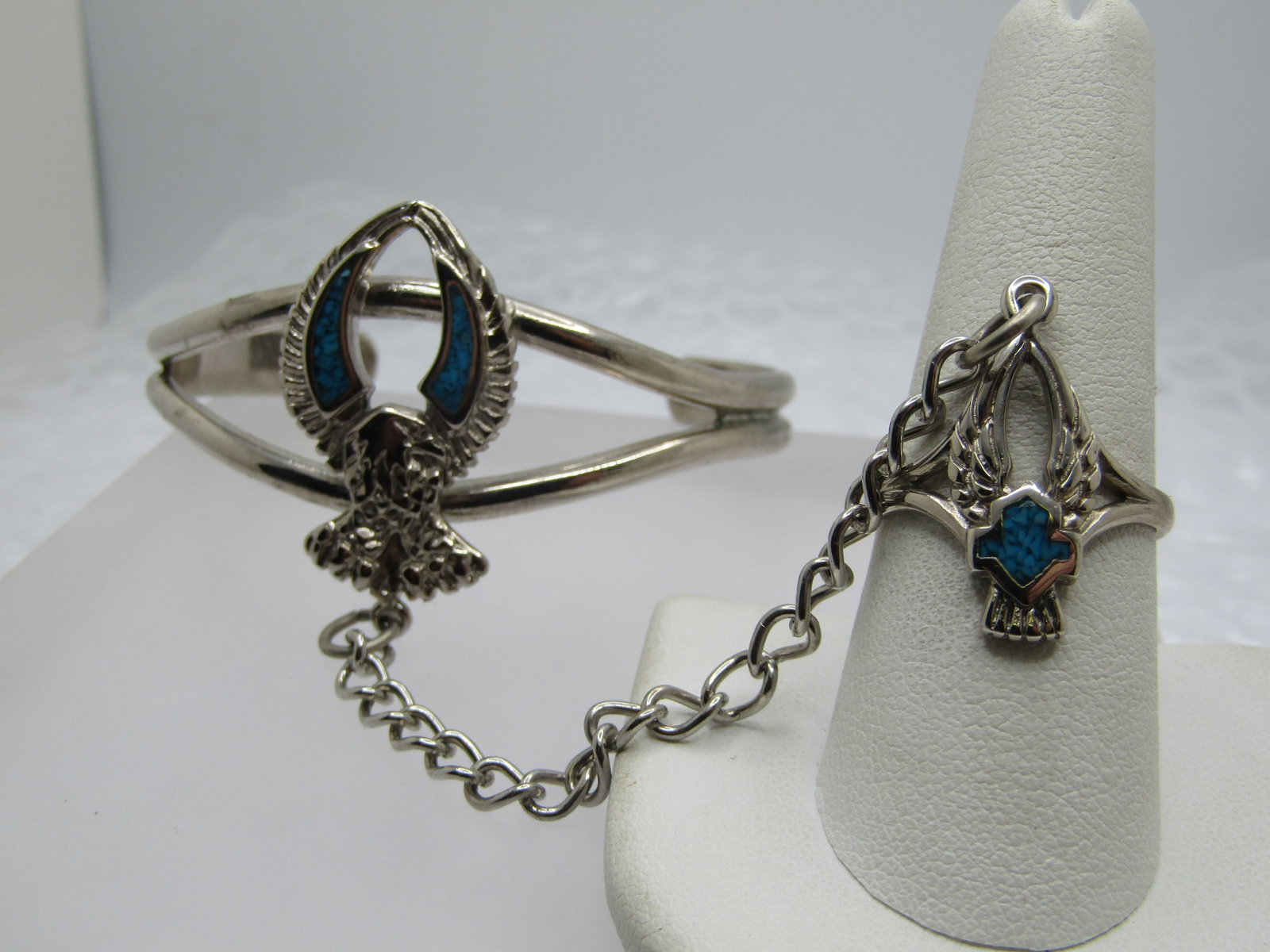 Turquoise Chip Biker Bracelet with Attached Ring, 7" and Ring is Sz. 9 - 2