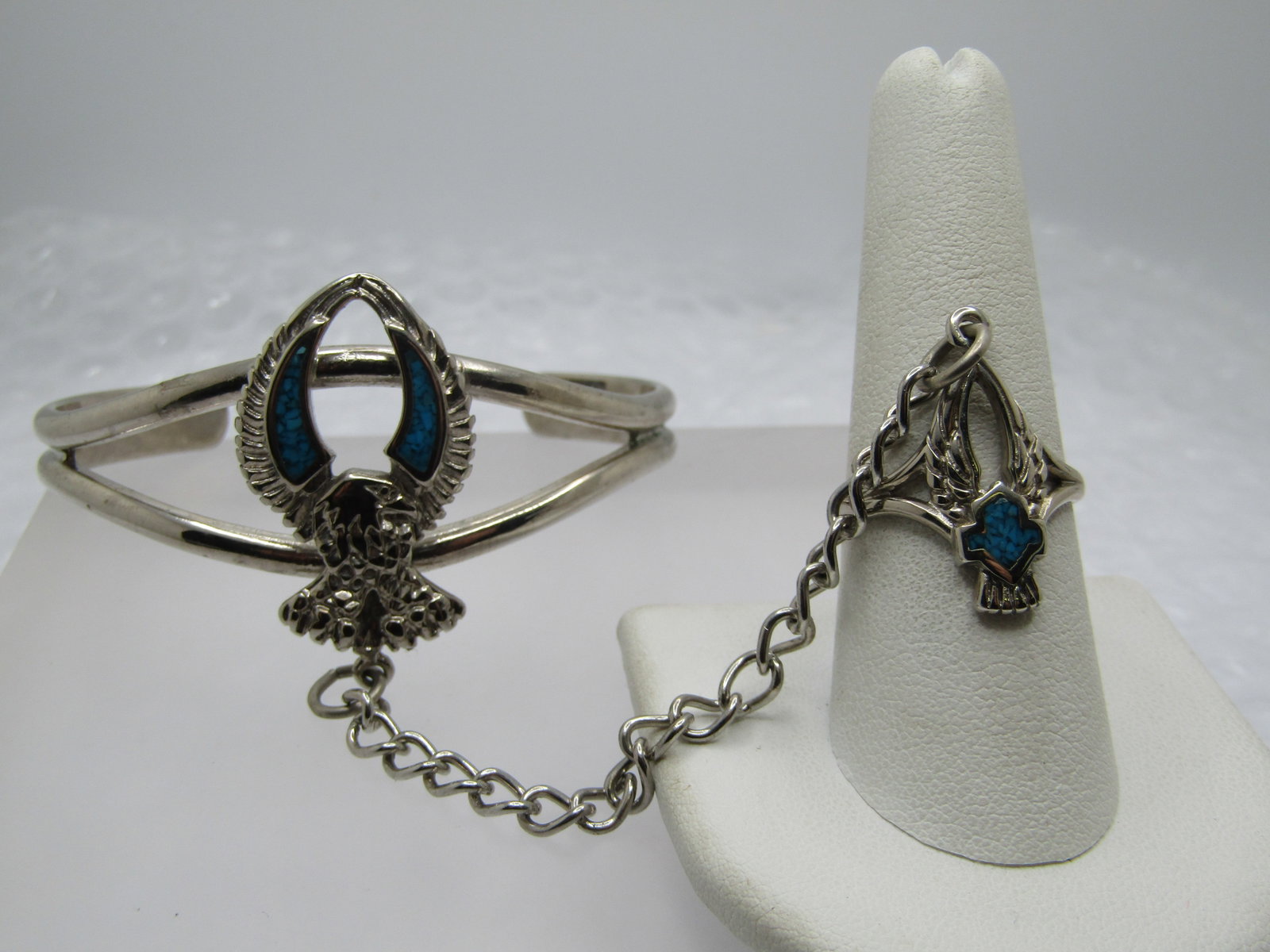 Turquoise Chip Biker Bracelet with Attached Ring, 7" and Ring is Sz. 9 - 3