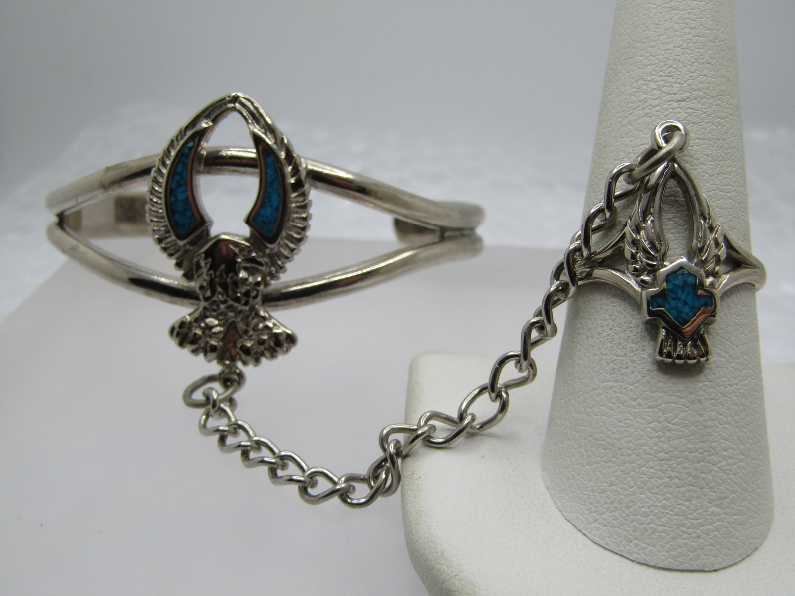 Turquoise Chip Biker Bracelet with Attached Ring, 7" and Ring is Sz. 9 - 4