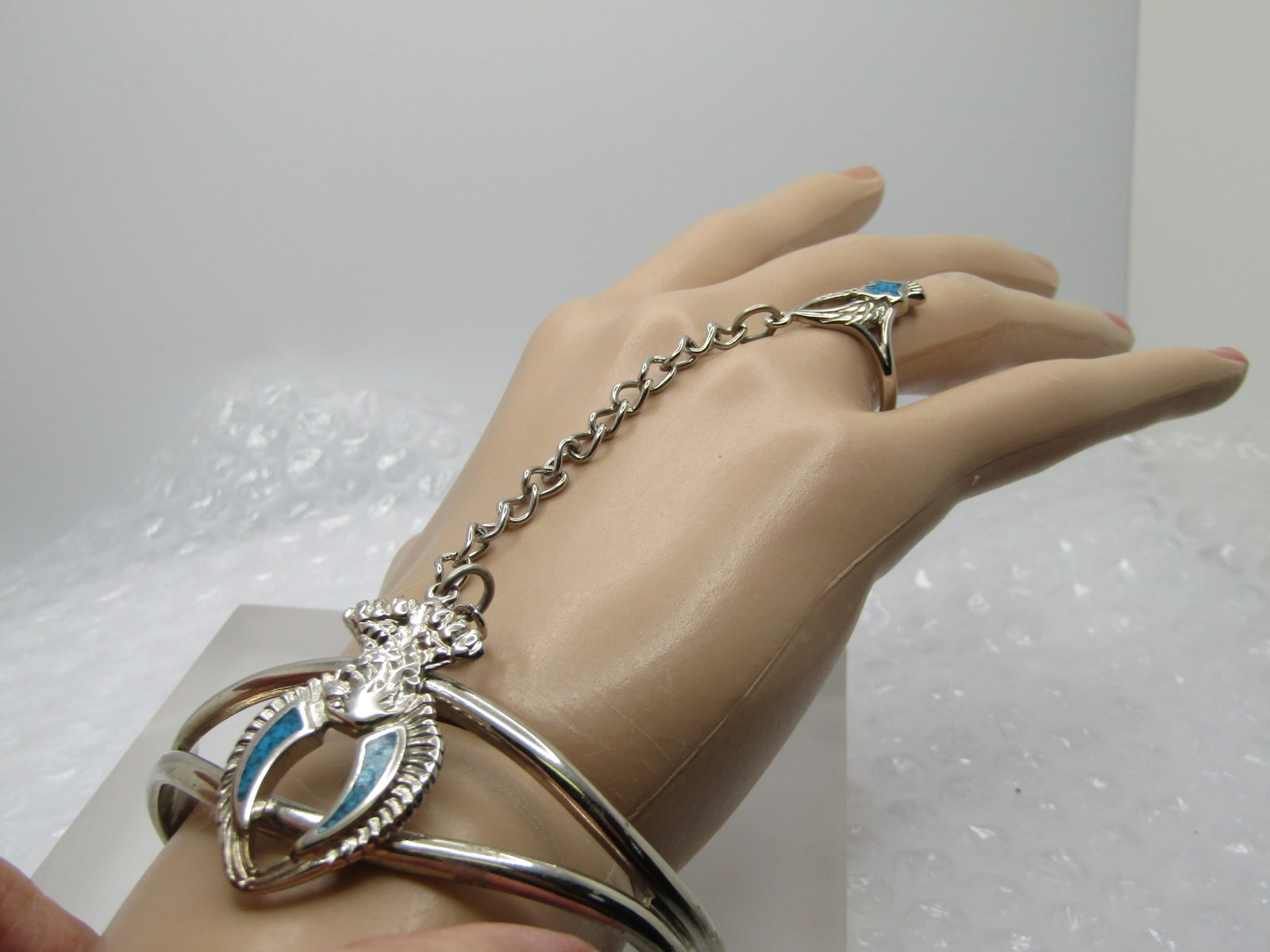 Turquoise Chip Biker Bracelet with Attached Ring, 7" and Ring is Sz. 9 - 6